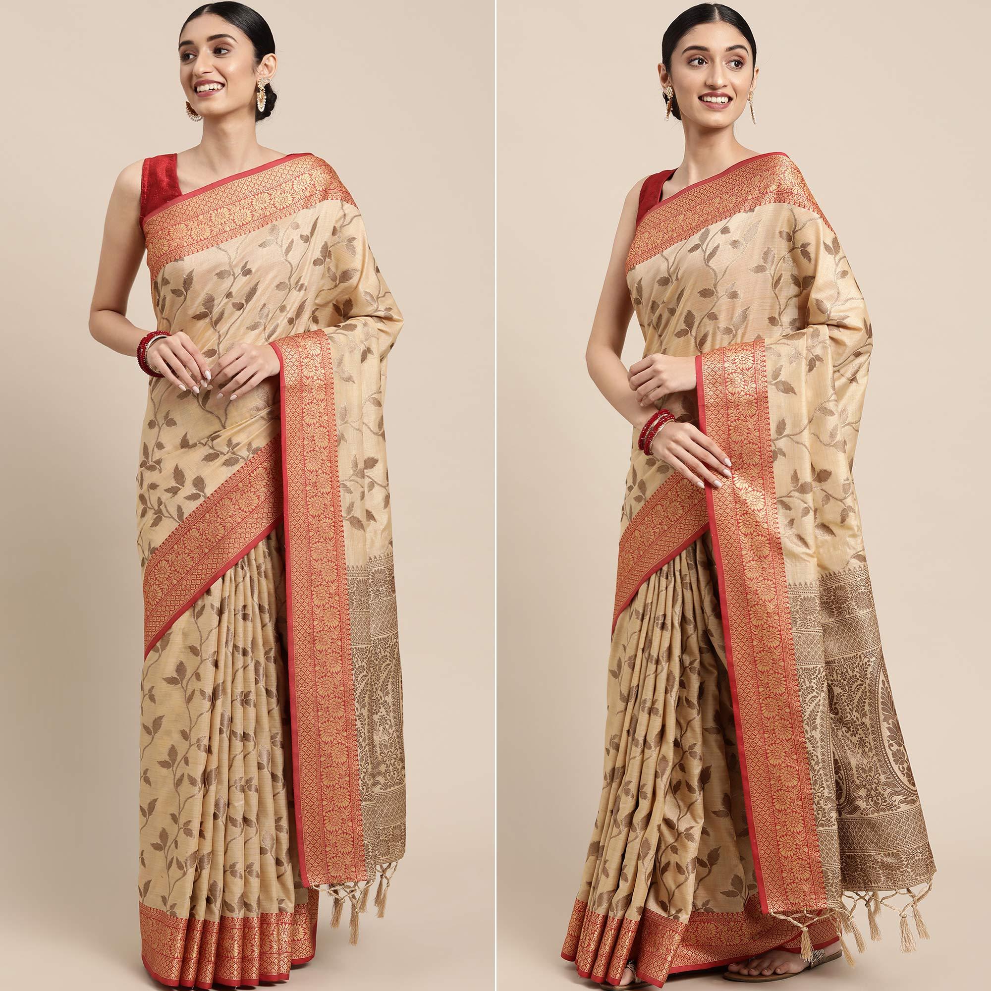 Peachmode Chikoo Woven Cotton Silk Saree With Tassels