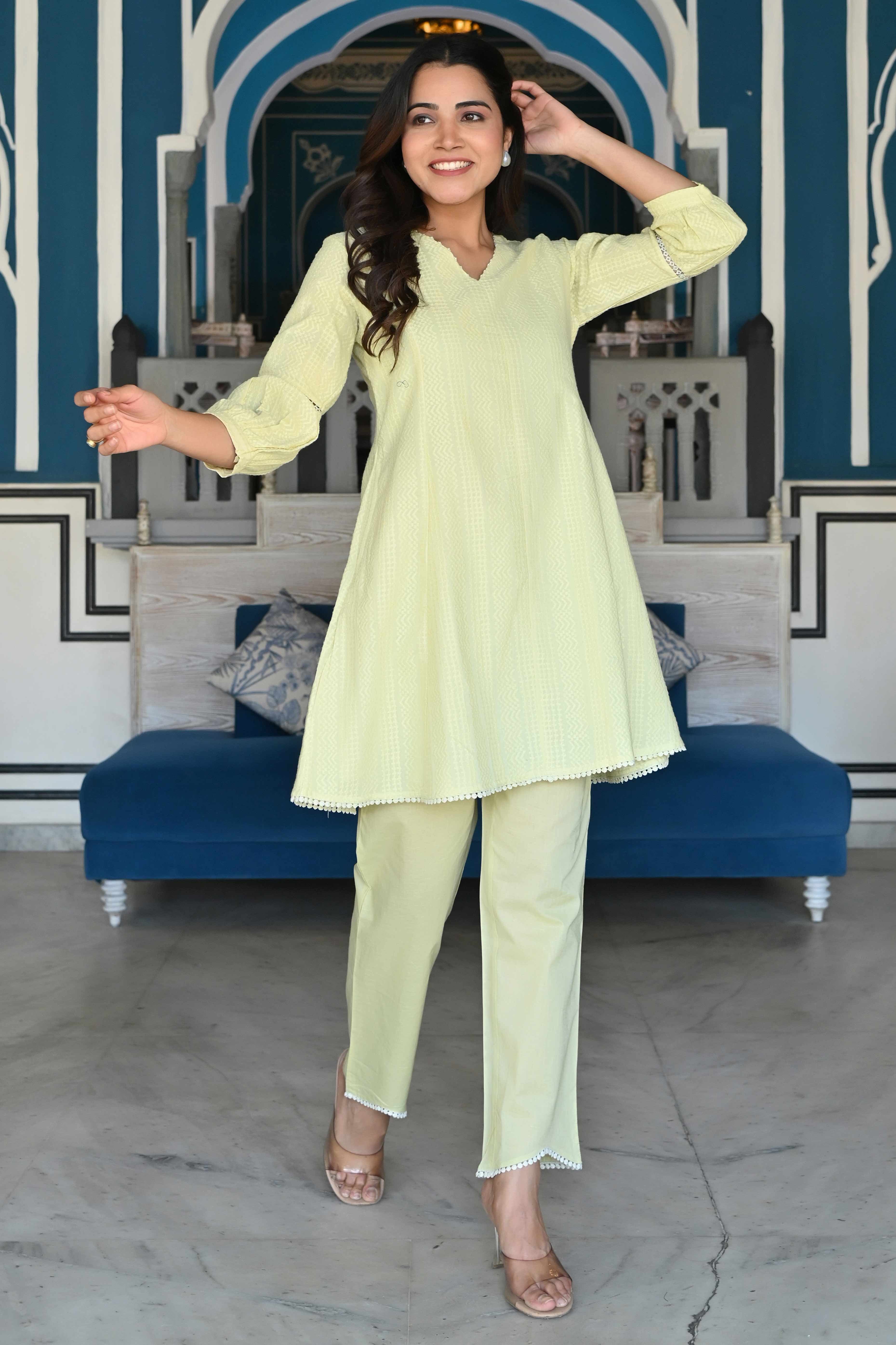 Peachmode Lemon Yellow Dobby Work Pure Cotton Co-Ord Set
