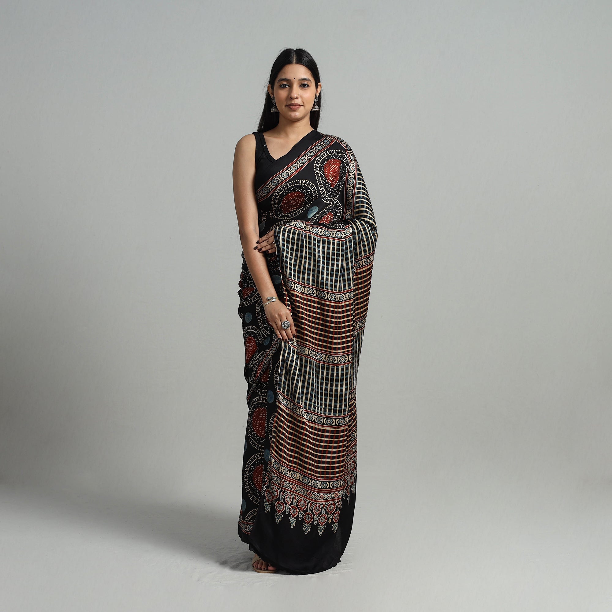 KACHCHH JI CHHAAP Black - Natural Dyed Hand Block Print Modal Silk Ajrakh Saree 19