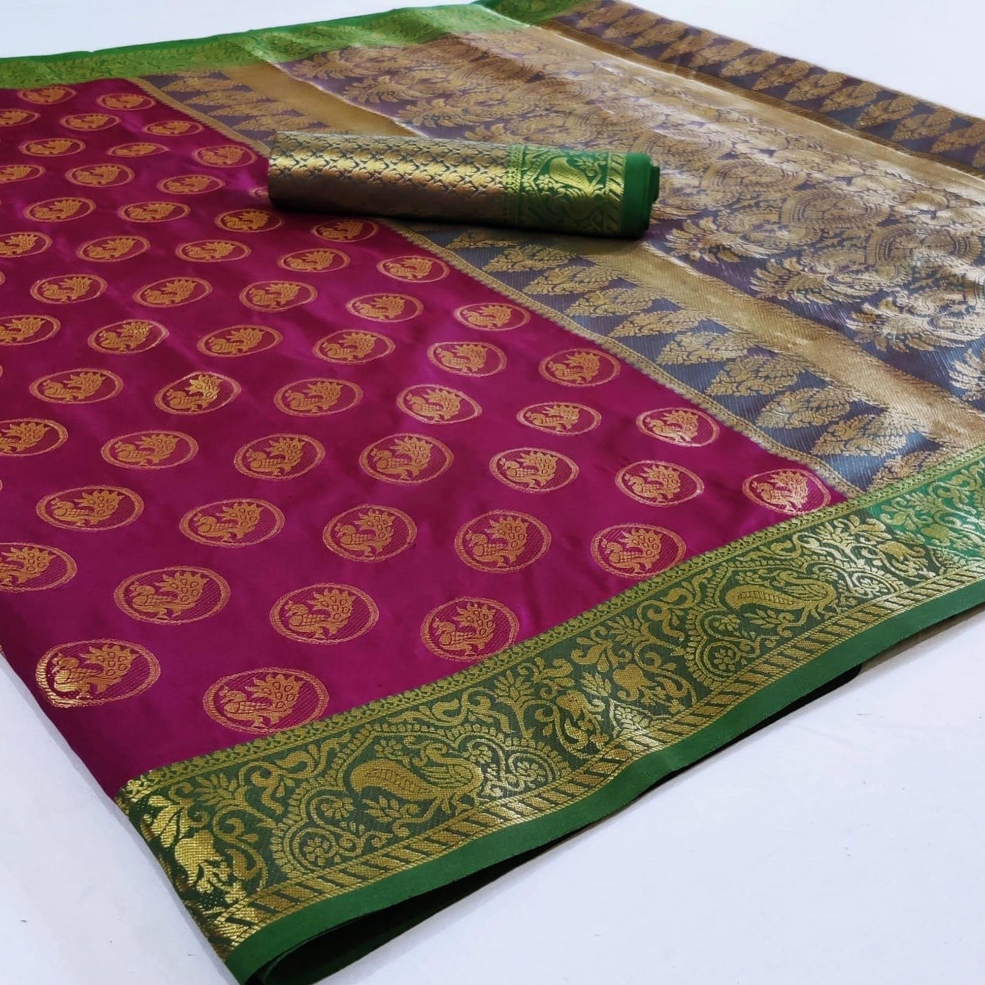 Peachmode Glowing Dark Purple Colored Festive Wear Woven Heavy Silk Saree