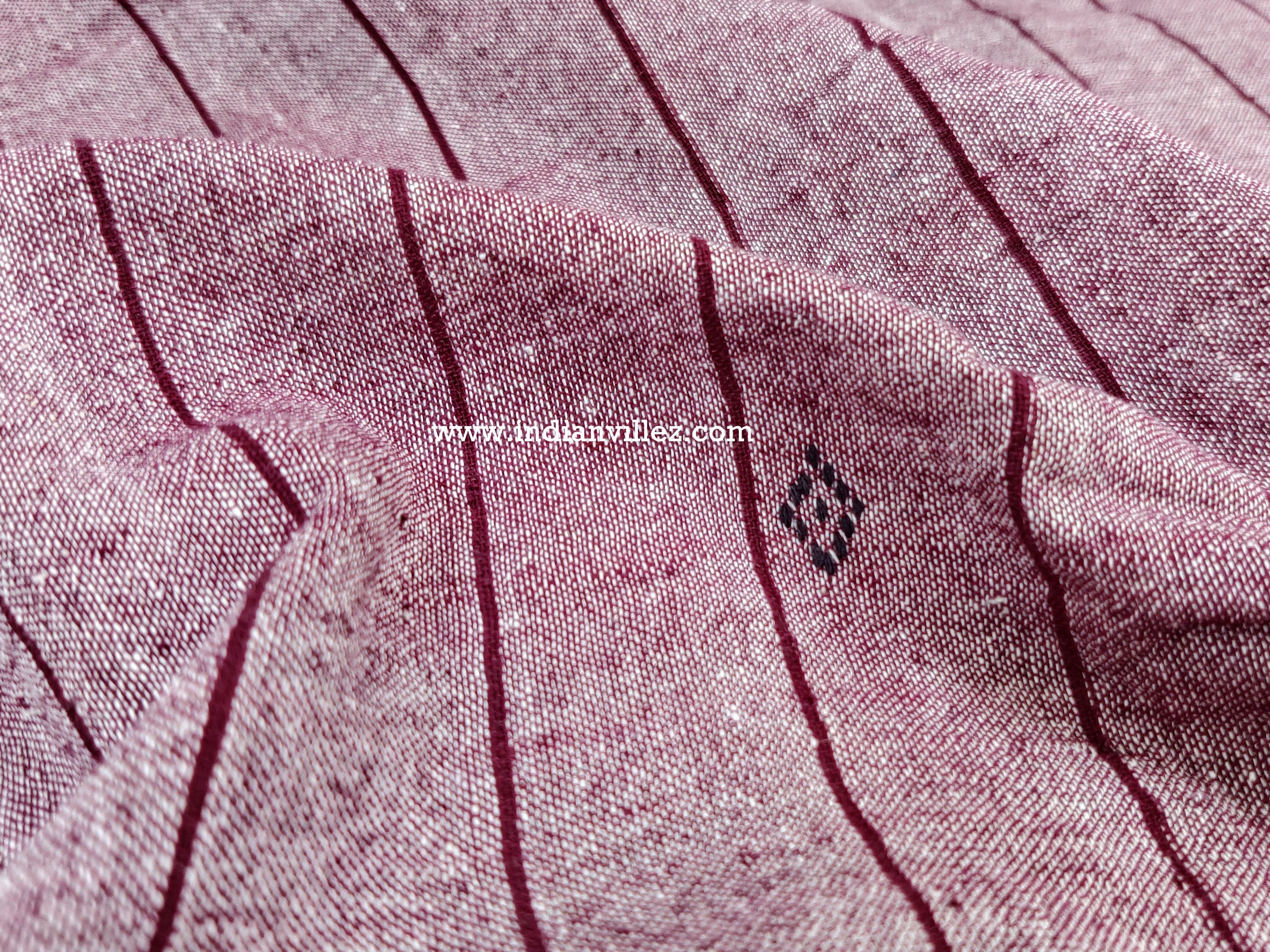 IndianVillèz Salmon Pink with Maroon Stripes Kotpad Handloom Fabric