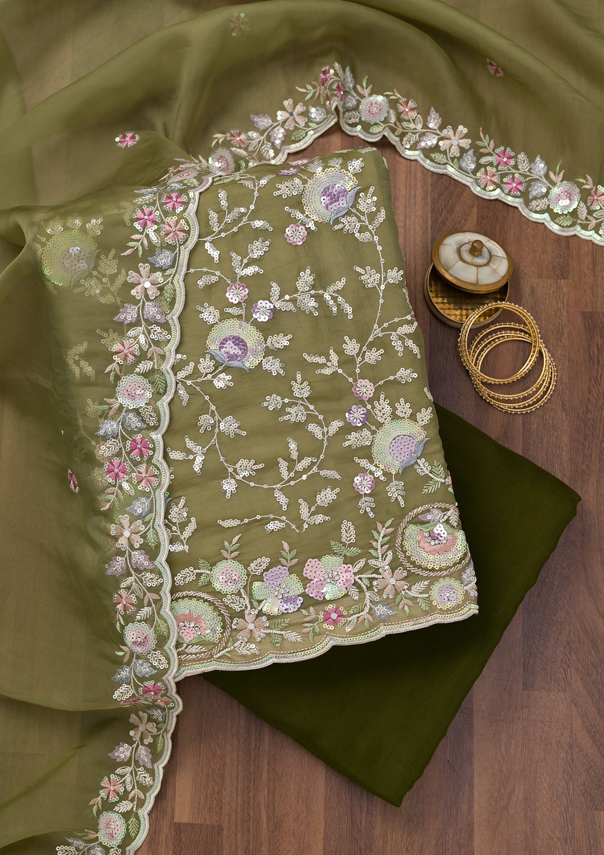 Koskii Mehendi Threadwork Tissue Unstitched Salwar Suit