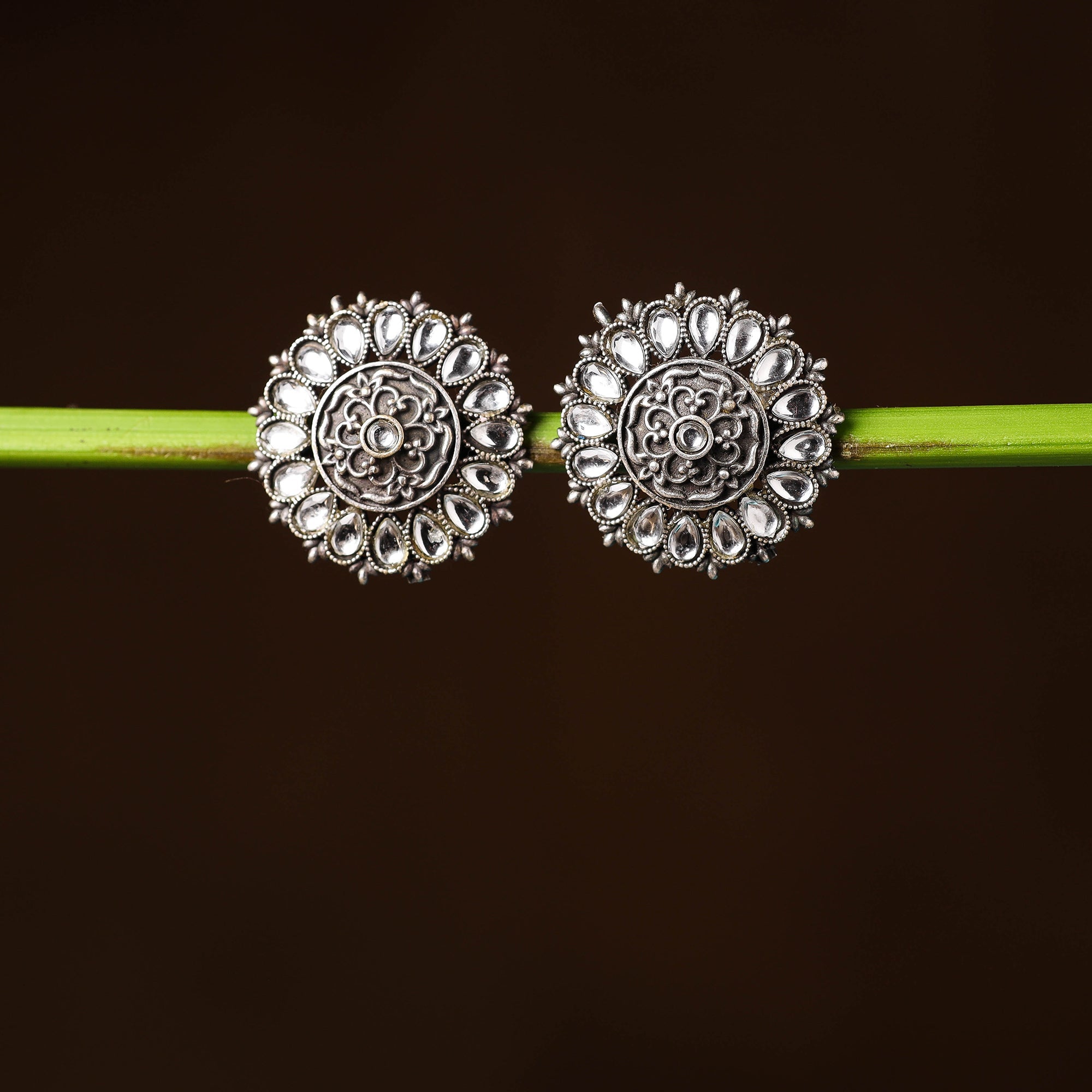 WHITE RIVER STORIES Antique Silver Finish Oxidised Brass Base Stone Work Stud Earrings