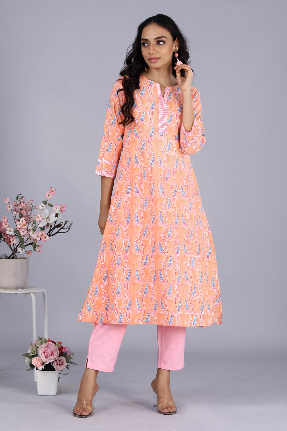 Kalanjali Ethnics Hand block printed kurti – Women's, Peach - view 3