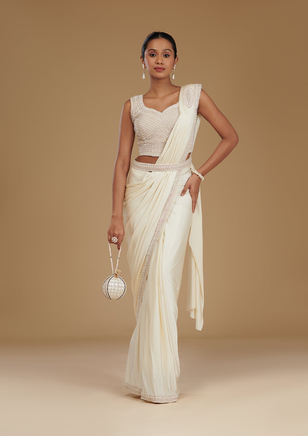Koskii Cream Stonework Satin Readymade Saree – Women's