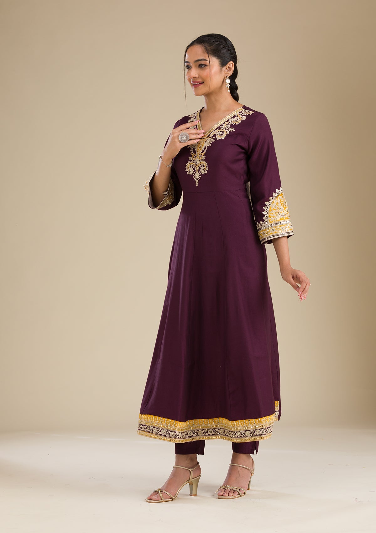Koskii Wine Zariwork Chiffon Readymade Salwar Suit - view 4