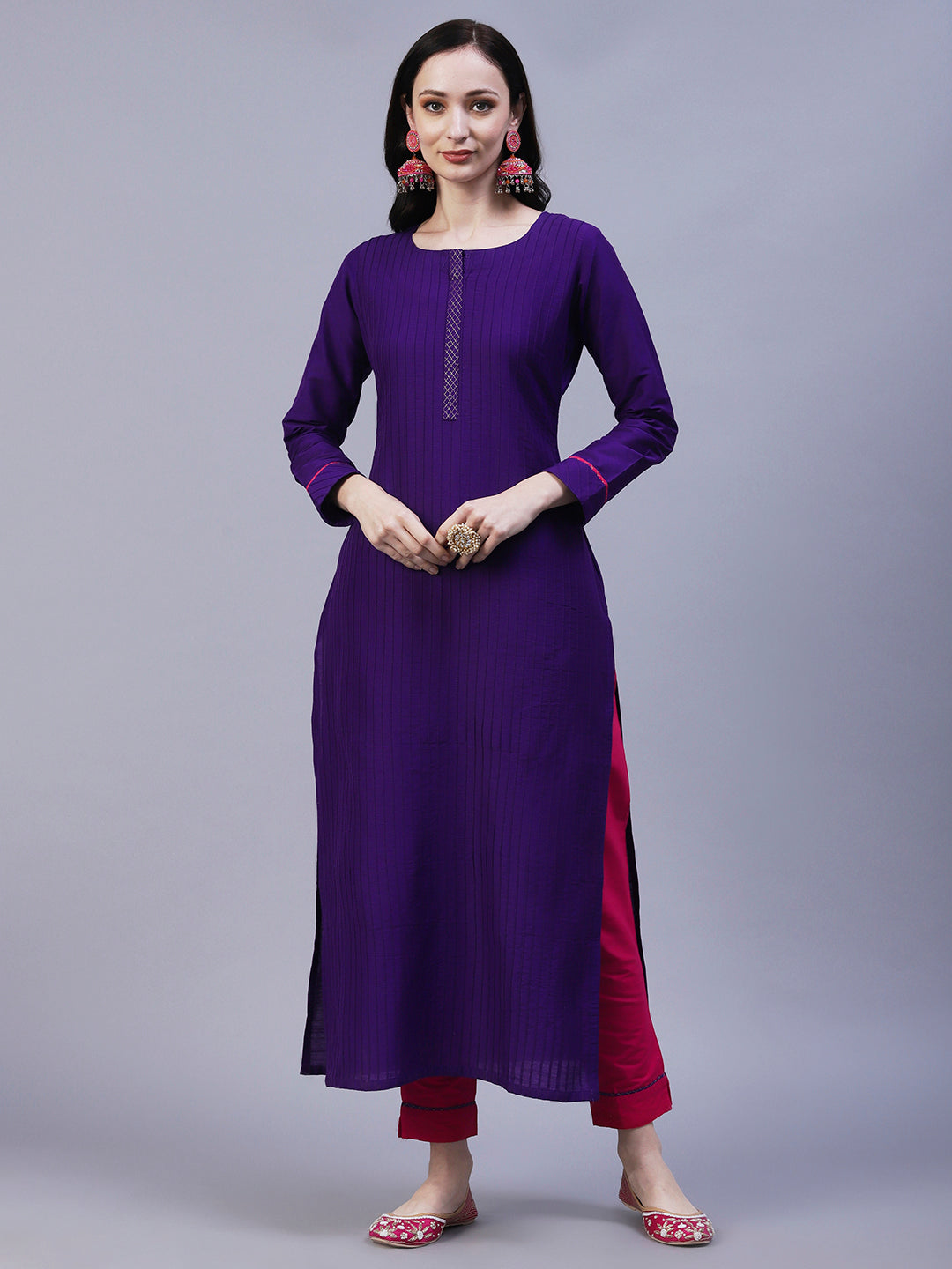 Fashor Solid Straight Fit Kurta with Pant - Purple - view 2