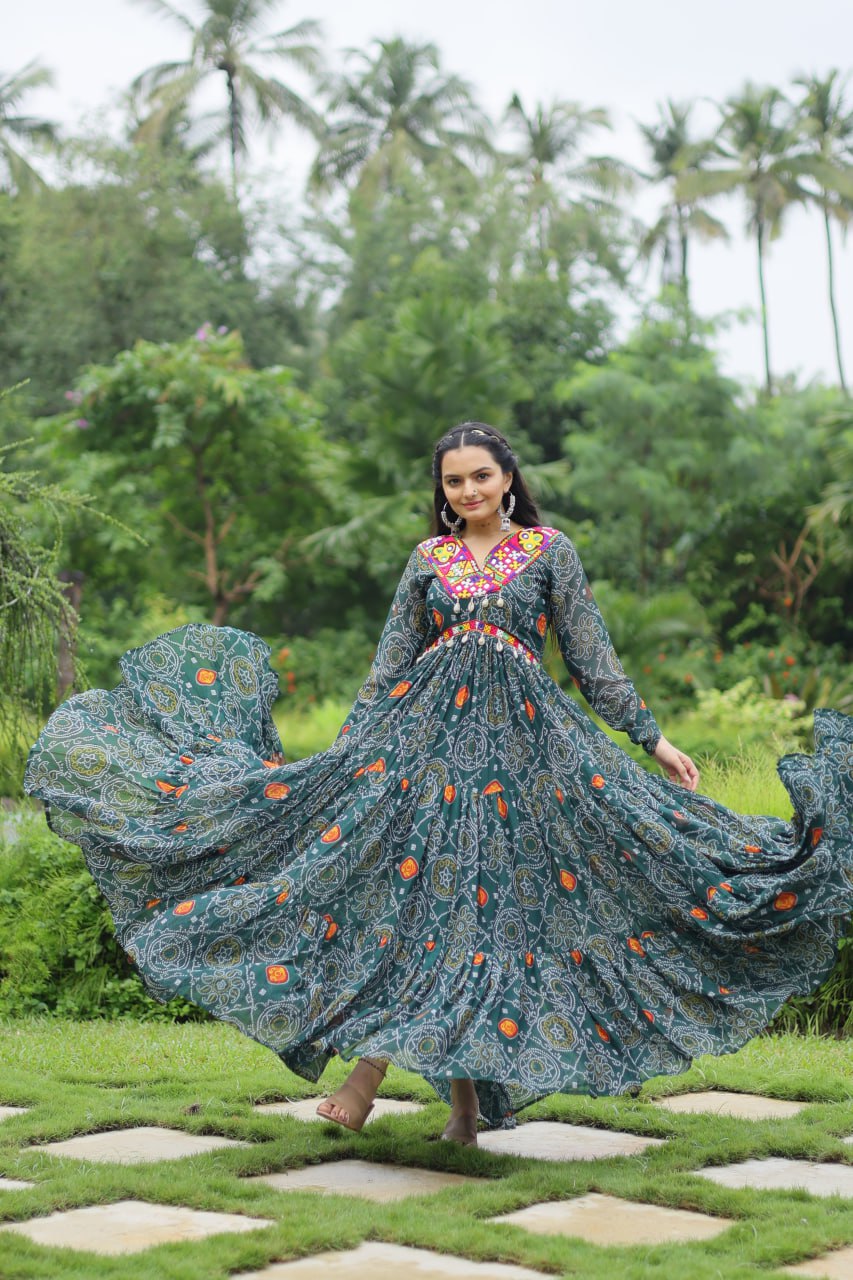 ClothsVilla Green Elegant Bandhani Print Gown with Kutchi Patchwork in Faux Georgette