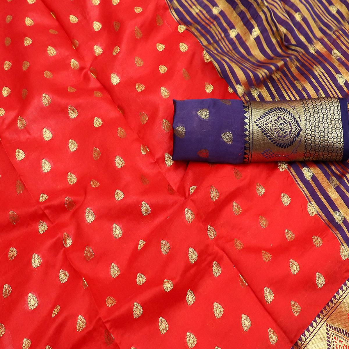 Peachmode Mesmeric Red Colored Festive Wear Woven Litchi Kota Silk Saree - view 2