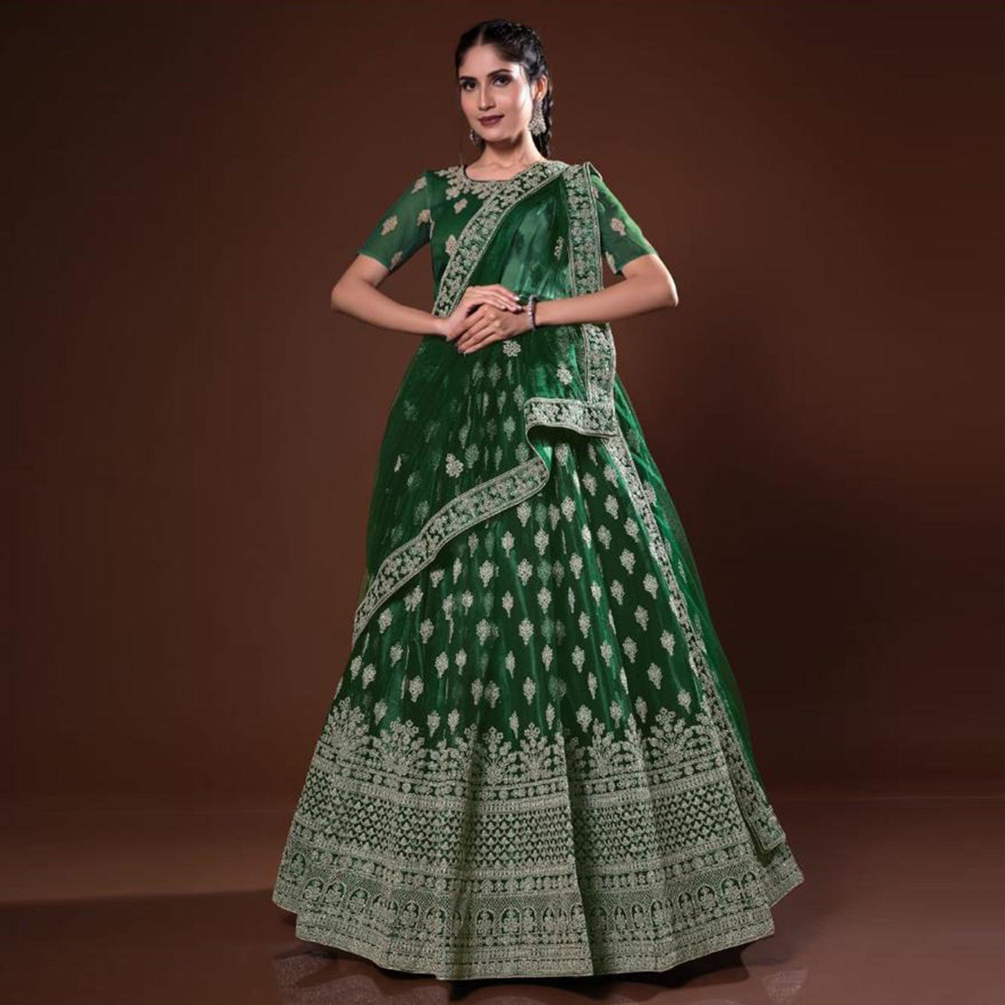 Peachmode Bottle Green Embroidered Net Lehenga Choli