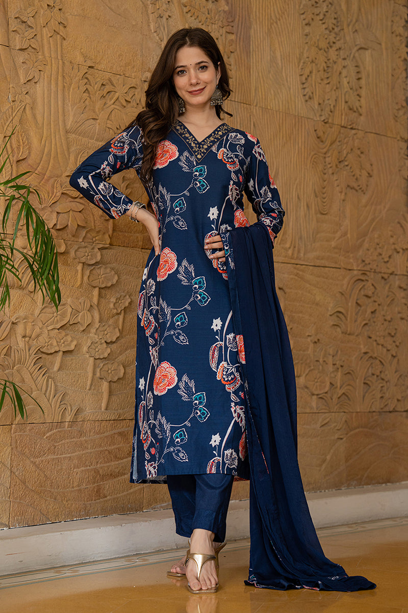 Ahika Blue Rayon Blend Floral Printed Straight Suit Set PKSKD2469 - view 5