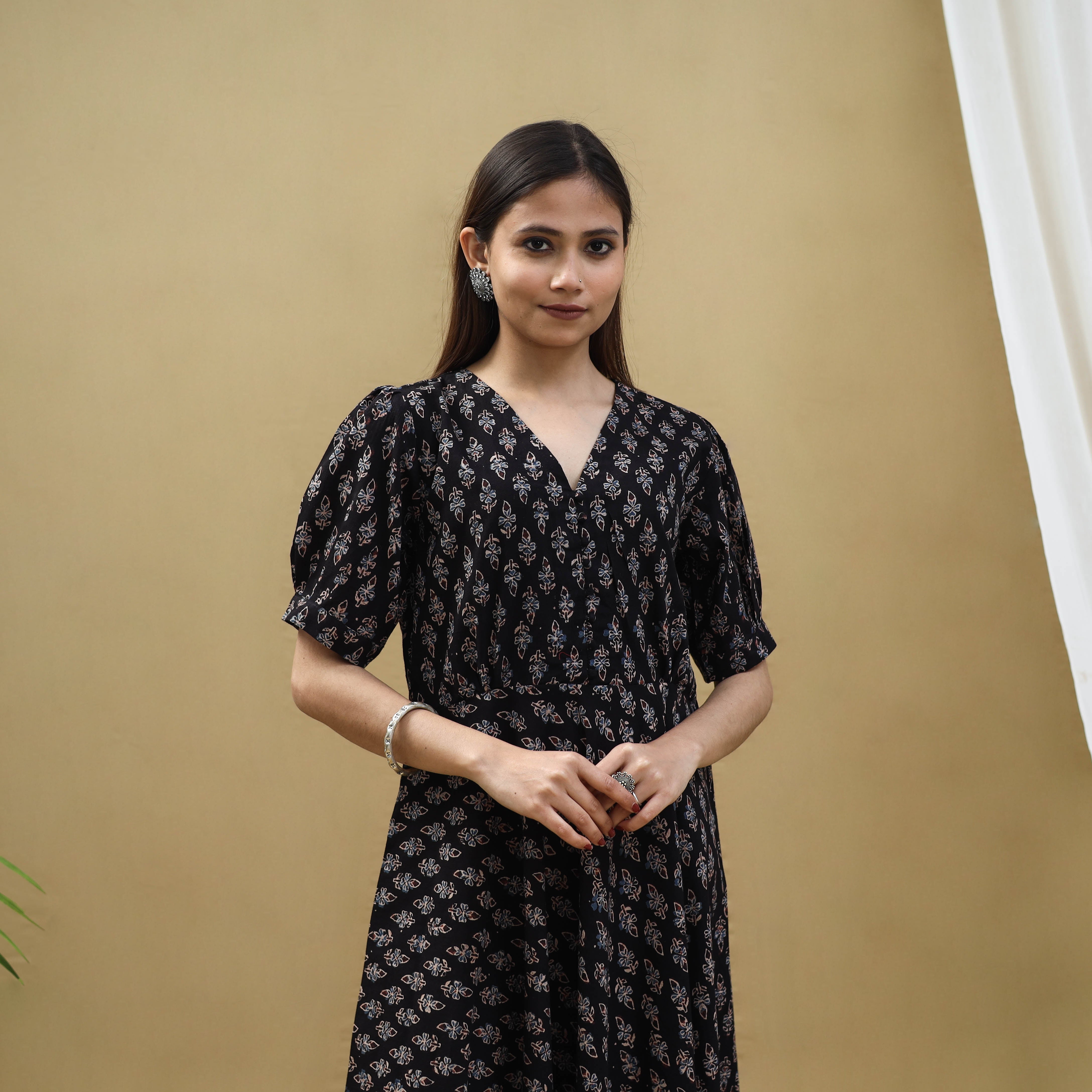 ITOKRI CASUALS Black - Block Print Cotton Flared Ajrakh Dress 05 - view 2