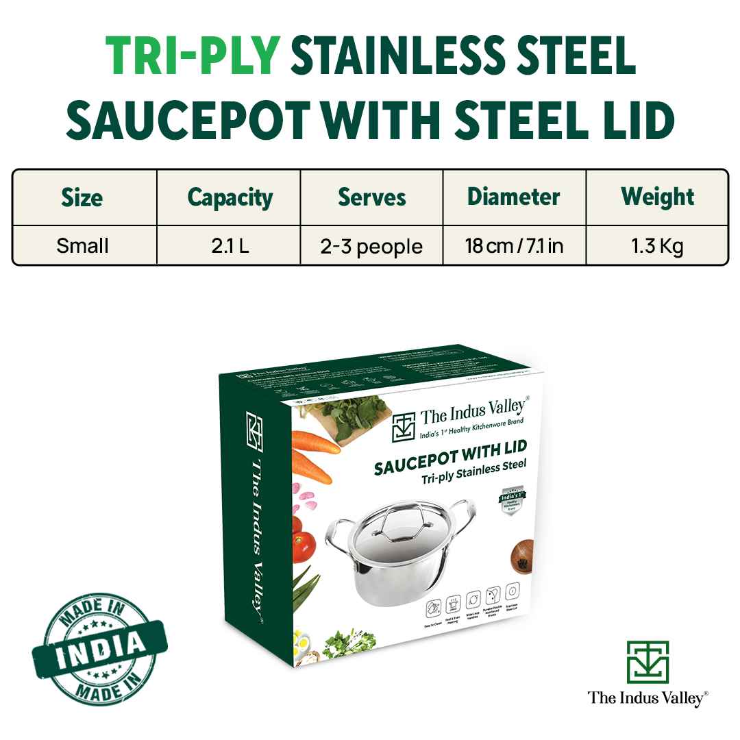 The Indus Valley TurboCuk Tri-ply Stainless Steel Casserole/ Cooking Pot/ Sauce Pot+ Steel Lid, Premium Quality, 3 Layer Thick Body, 100% Toxin-free, - view 3