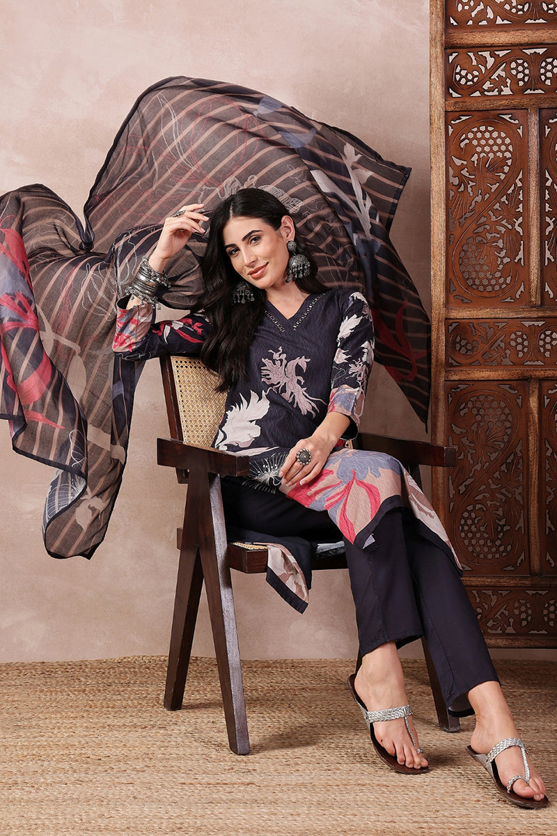Ahika Black Rayon Blend Floral Printed Straight Trouser Bottom Suit Set PKSKD2543BLK - view 3