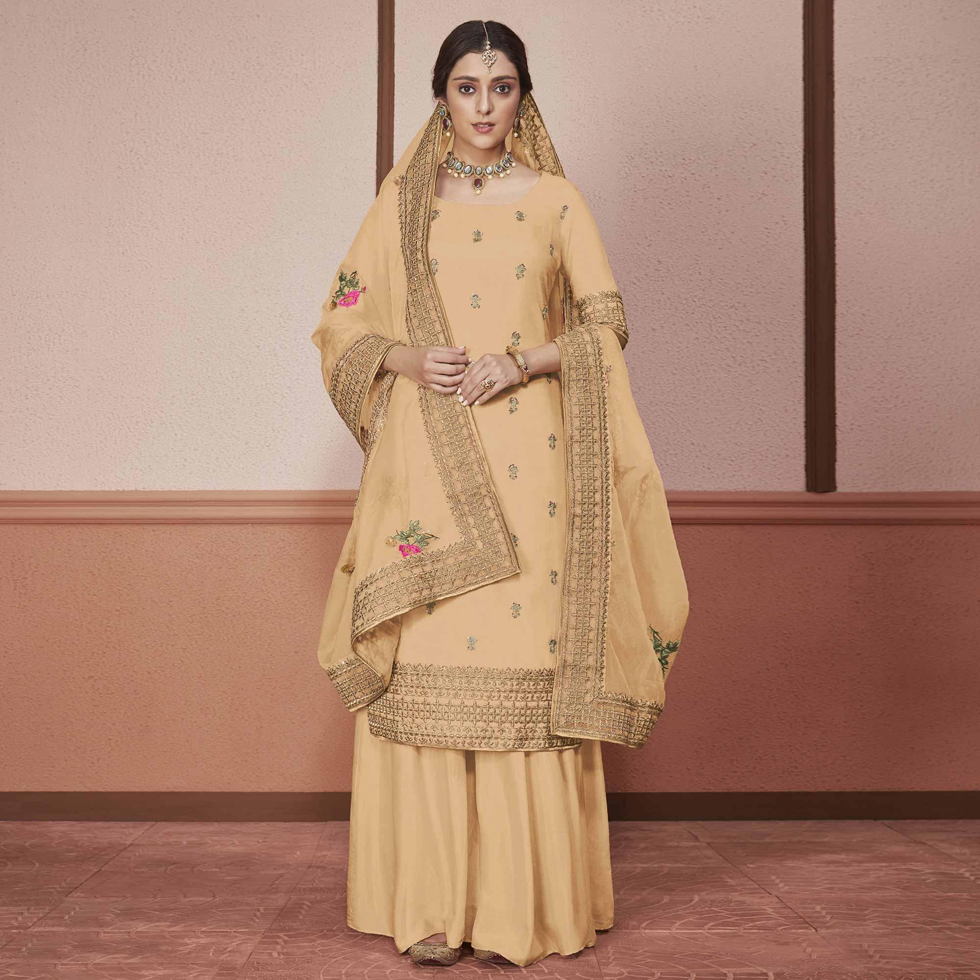 Peachmode Innovative Light Brown Colored Partywear Embroidered Silk Palazzo Suit