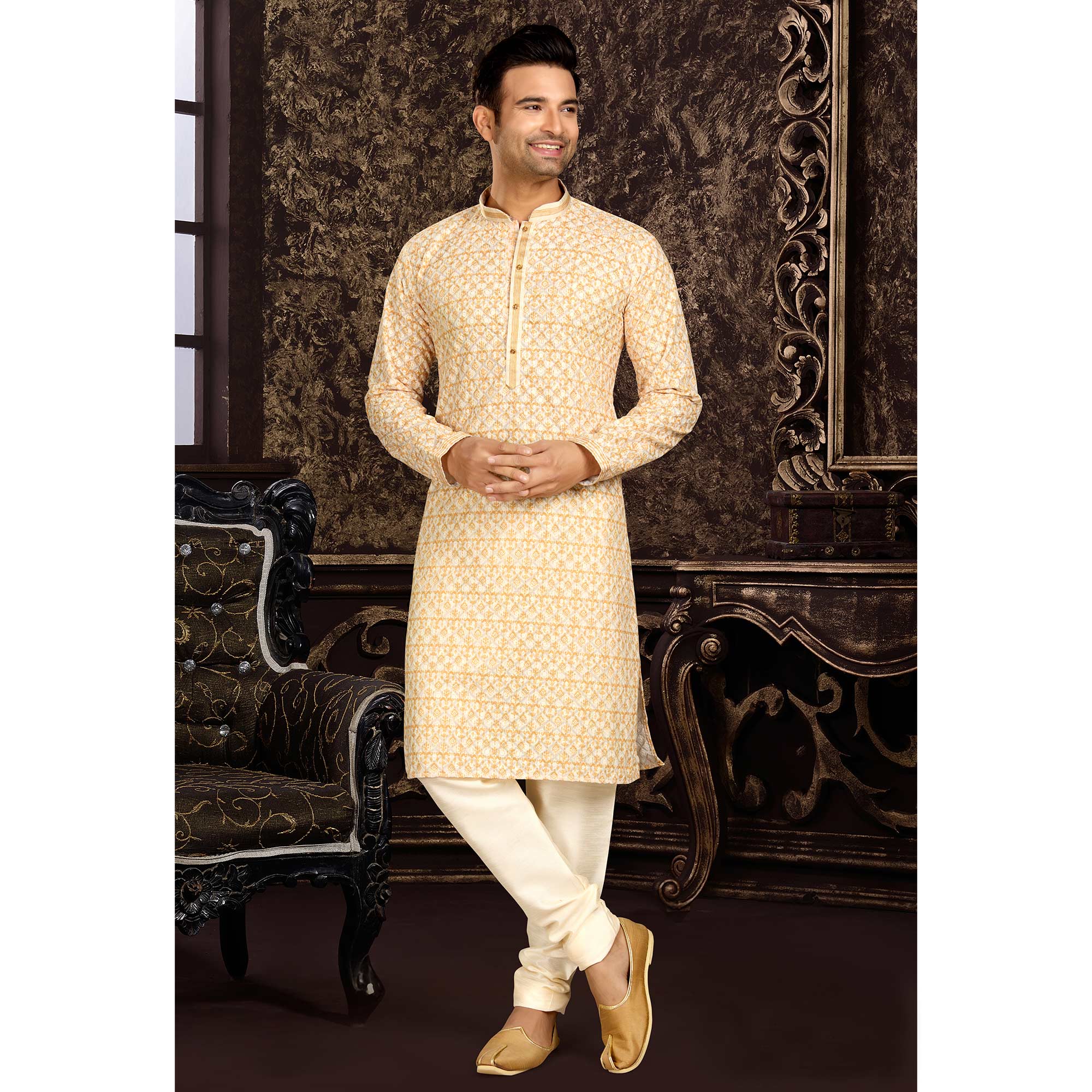 Peachmode Seller Light Yellow Lucknowi And Digital Printed Cotton Kurta Pyjama Set - view 4