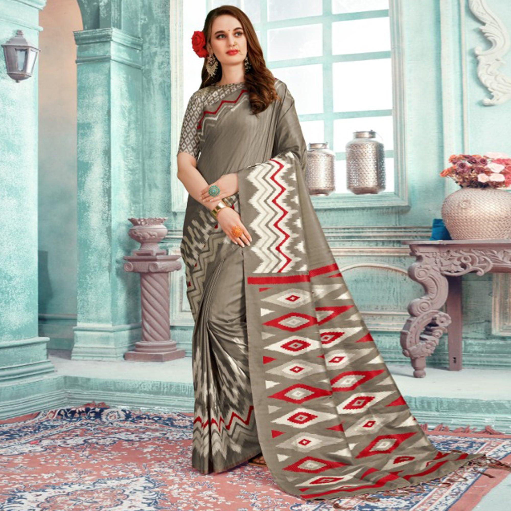 Peachmode Glowing Grey Colored Festive Wear Printed Cotton Silk Saree With Tassels