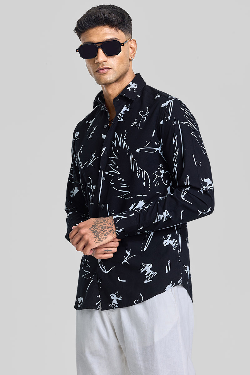 SNITCH Black Abstract Slim Fit Shirt