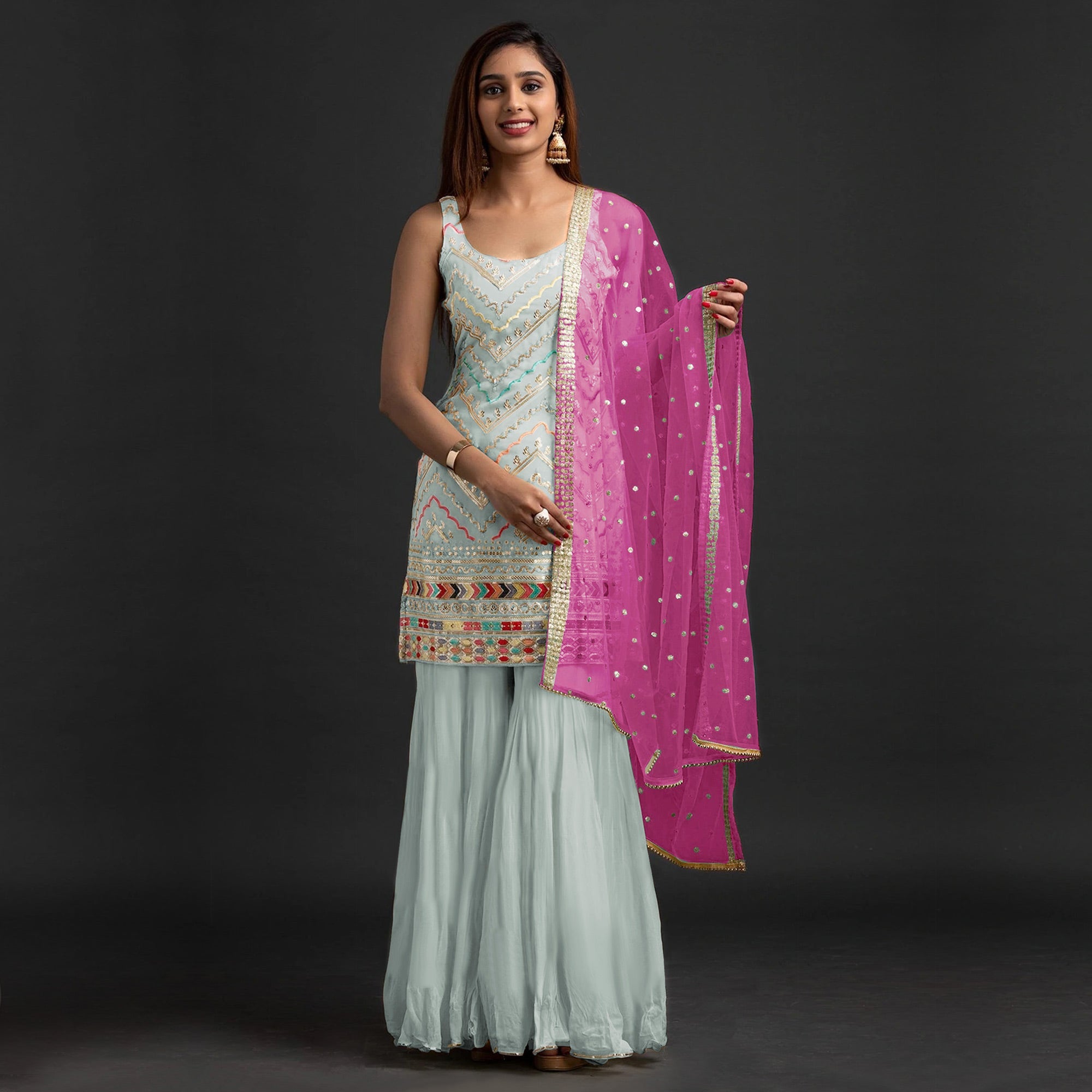 Peachmode Light Grey Embroidered Georgette Sharara Suit - view 2