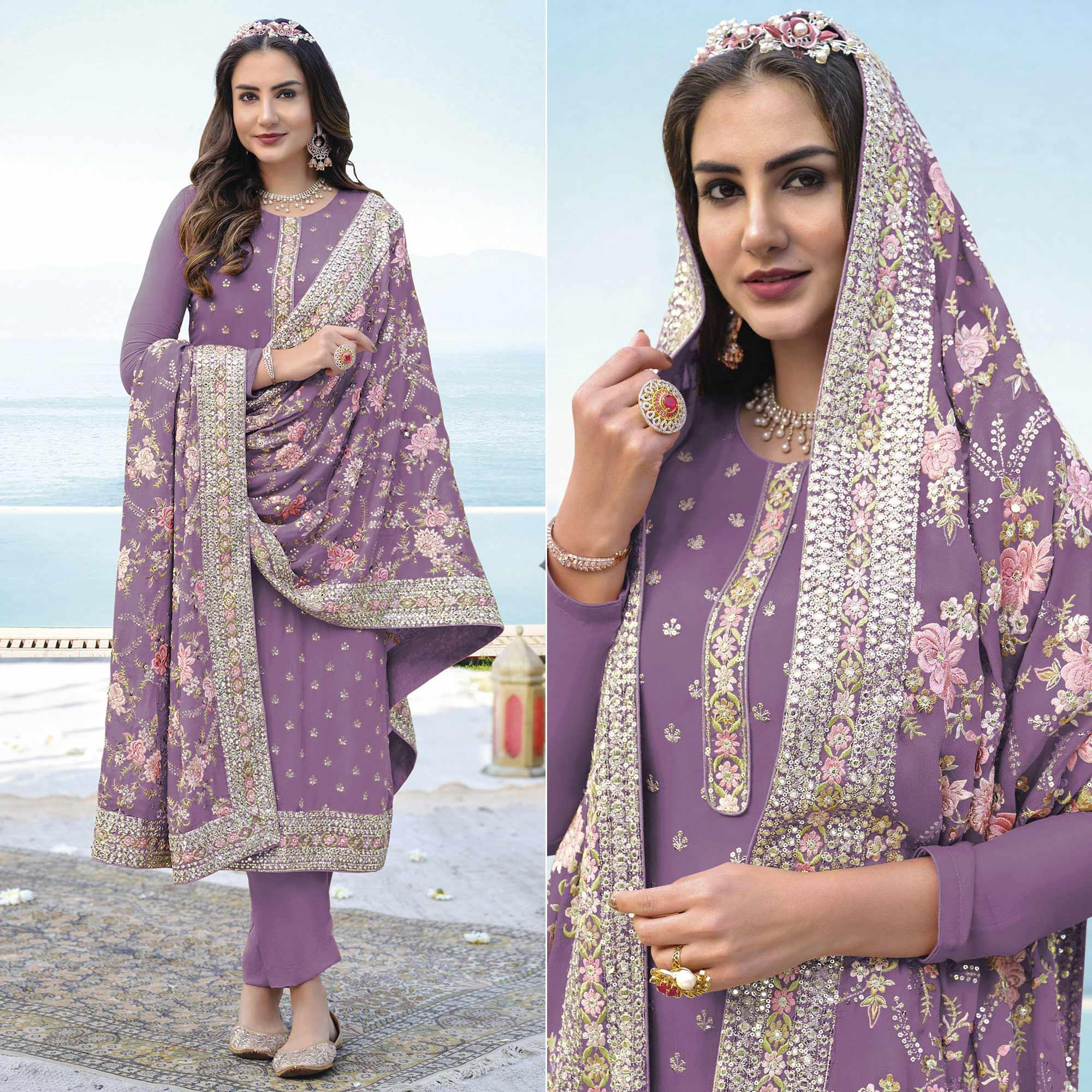 Lavender embroidered embellished – Peachmode Lavender Embroidered With Embellished Georgette Salwar Suit