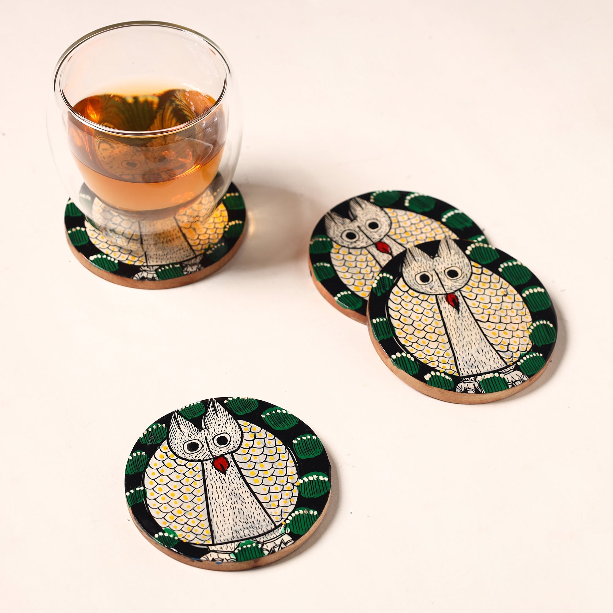 ITOKRI CRAFTS INITIATIVE Bengal Patua Handpainted Akashmoni Wooden Coasters (Set of 4) 01