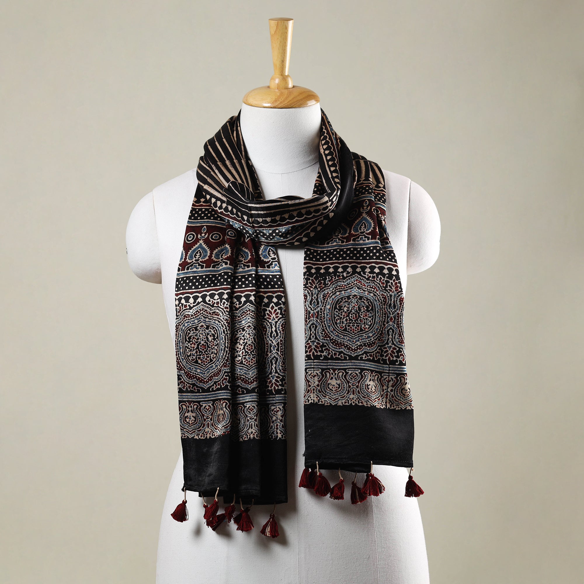RIYAZ ABDULMAJID KHATRI - AJRAKH Black - Ajrakh Hand Block Printed Mashru Silk Stole with Tassels