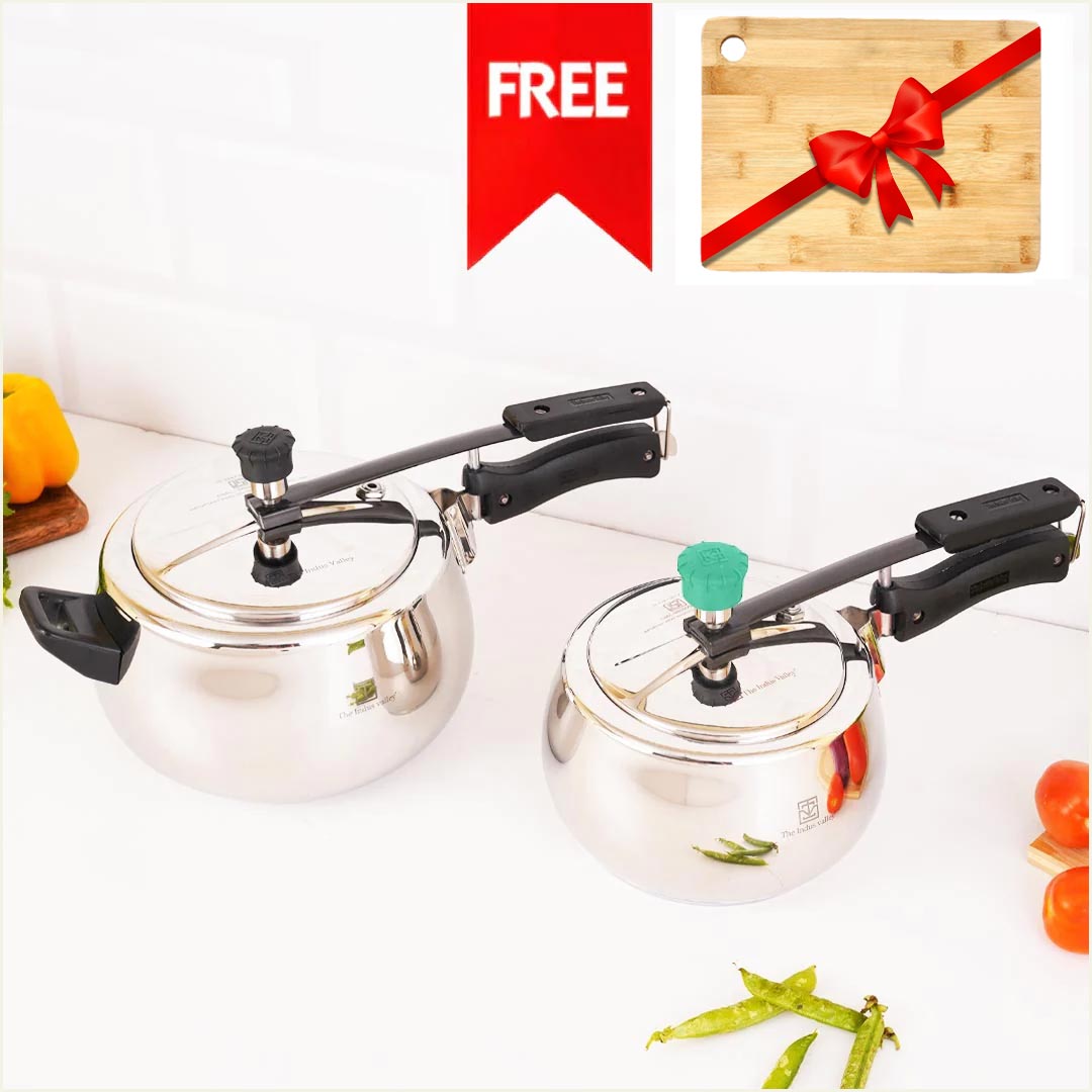 The Indus Valley 3L+5L QuicKooker Stainless Steel Pressure Cooker Combo+ Free ₹600 Wood Chopping Board, Premium Quality, Tri-ply (3 Layer) Heavy Botto