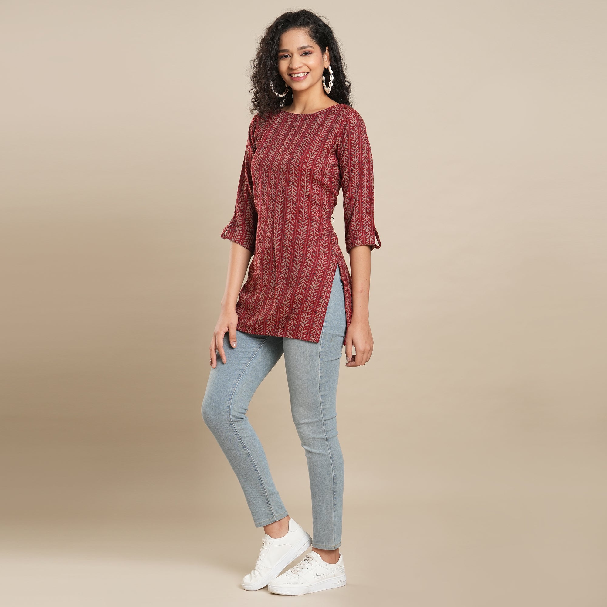 Peachmode Maroon Printed Rayon Top
