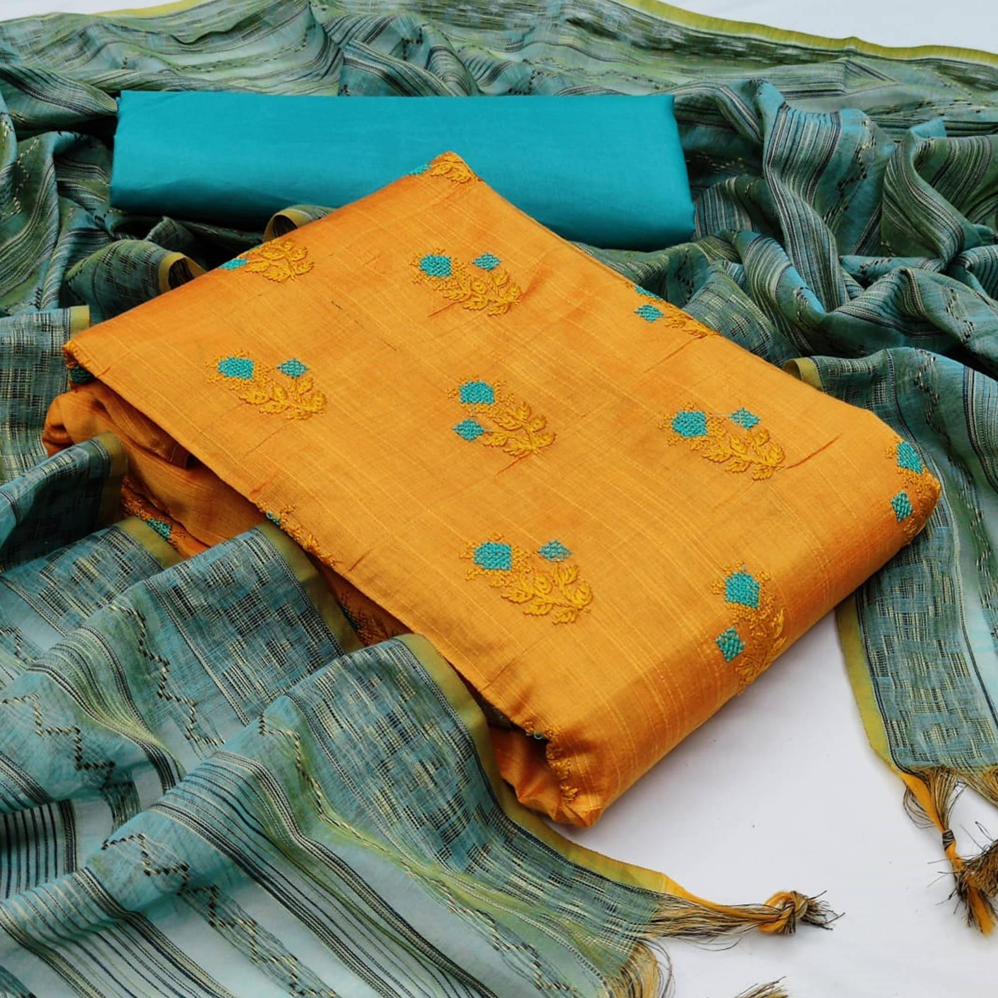 Peachmode Jazzy Mustard Yellow Colored Casual Wear Embroidered Banarasi Cotton Dress Material