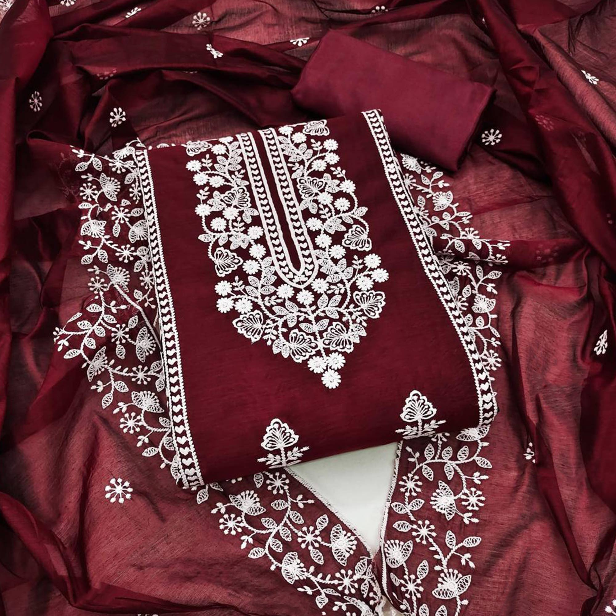 Peachmode Maroon Floral Embroidered Chanderi Dress Material