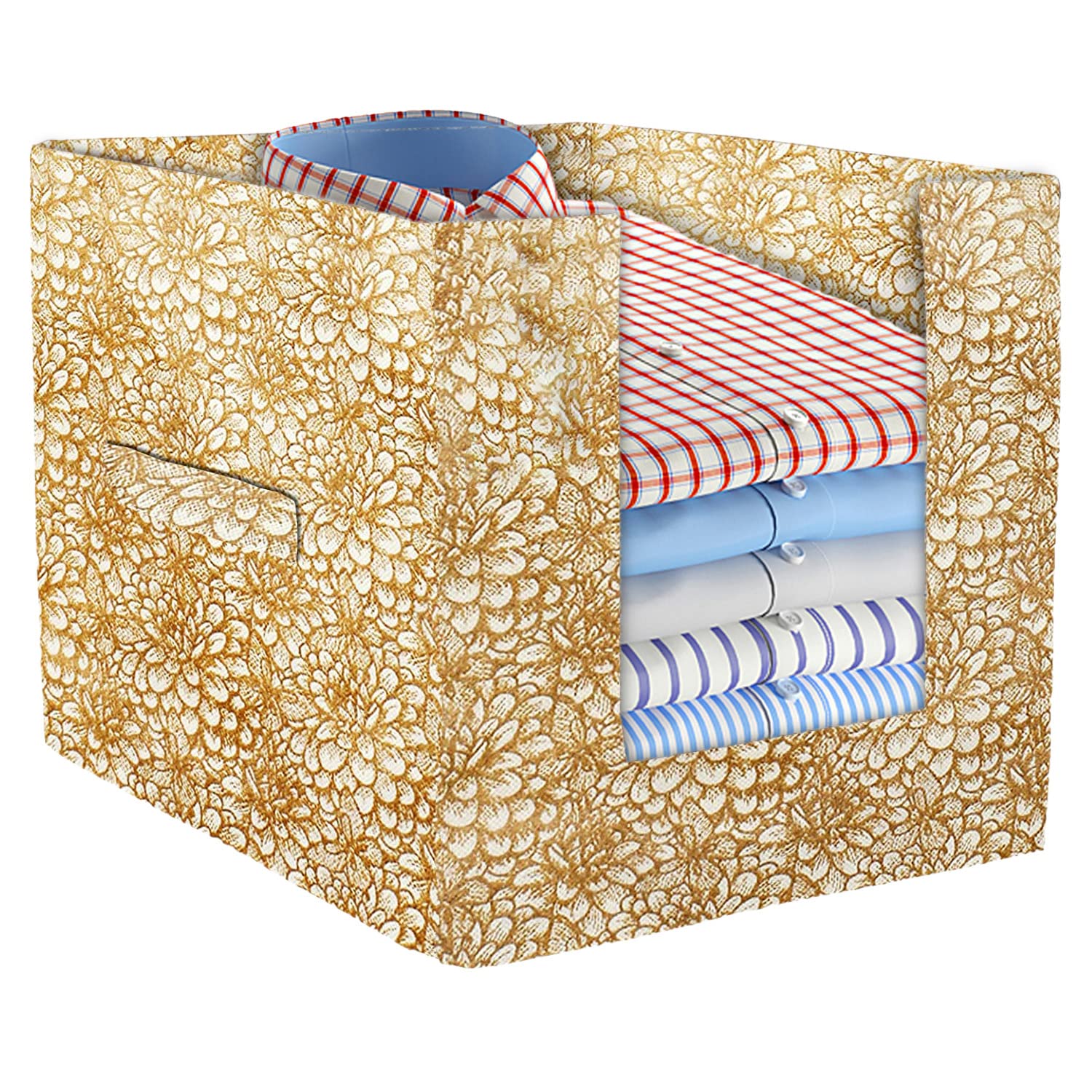 Heart Home Non-Woven Flower Print Foldable Shirt Stacker/Wardrobe Organizer For Shirts, Sarees, Lehengas With Handle Pack of 6 (Beige) - view 2