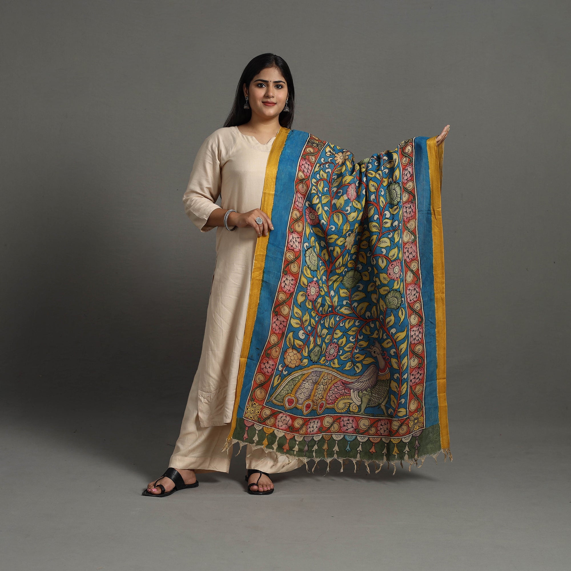 SOUTH KARGHA Blue - Chanderi Silk Srikalahasti Handpainted Pen Kalamkari Dupatta 02