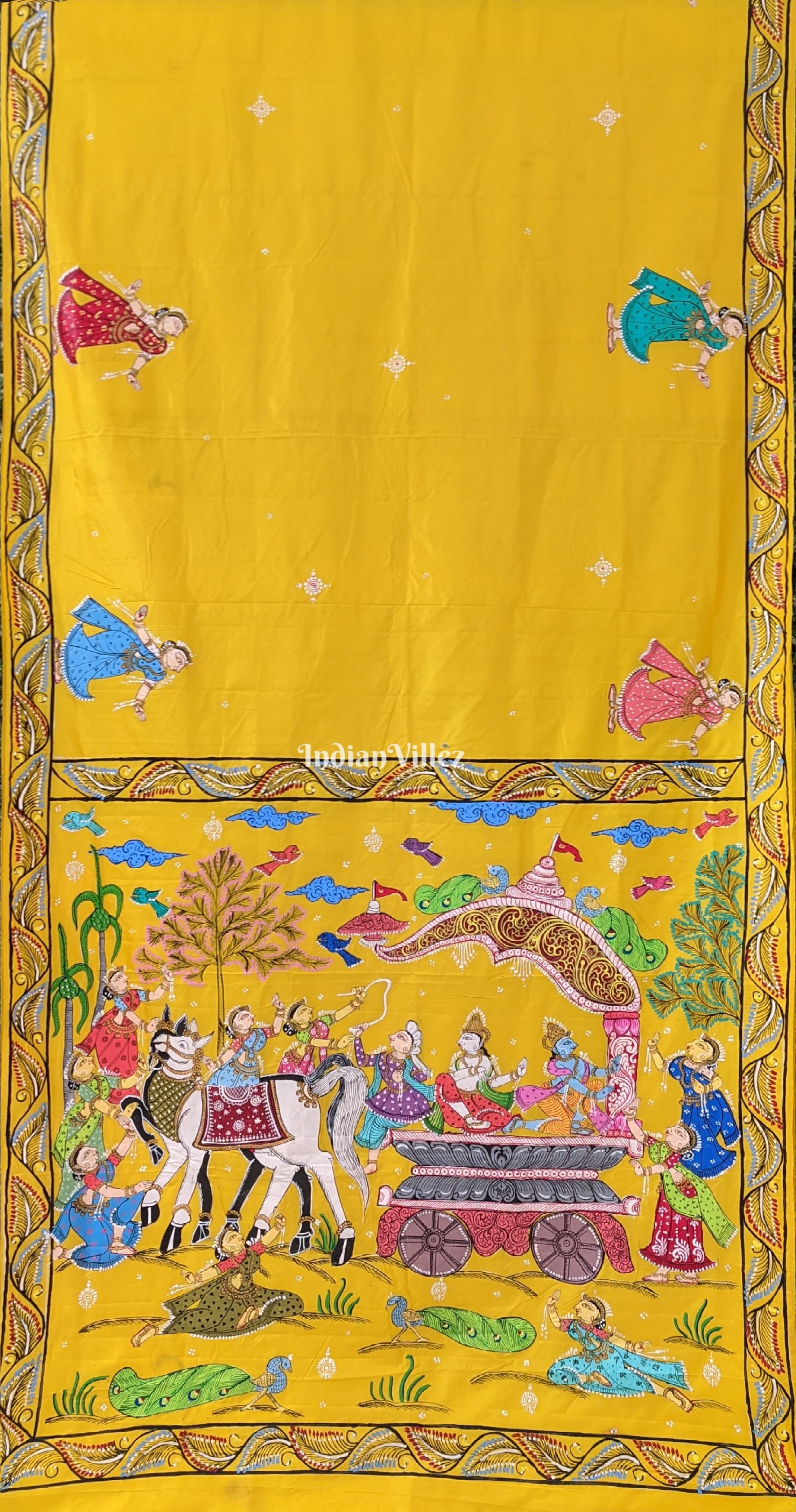 IndianVillèz Yellow Mathura Vijay Pattachitra on Mulberry Silk Saree