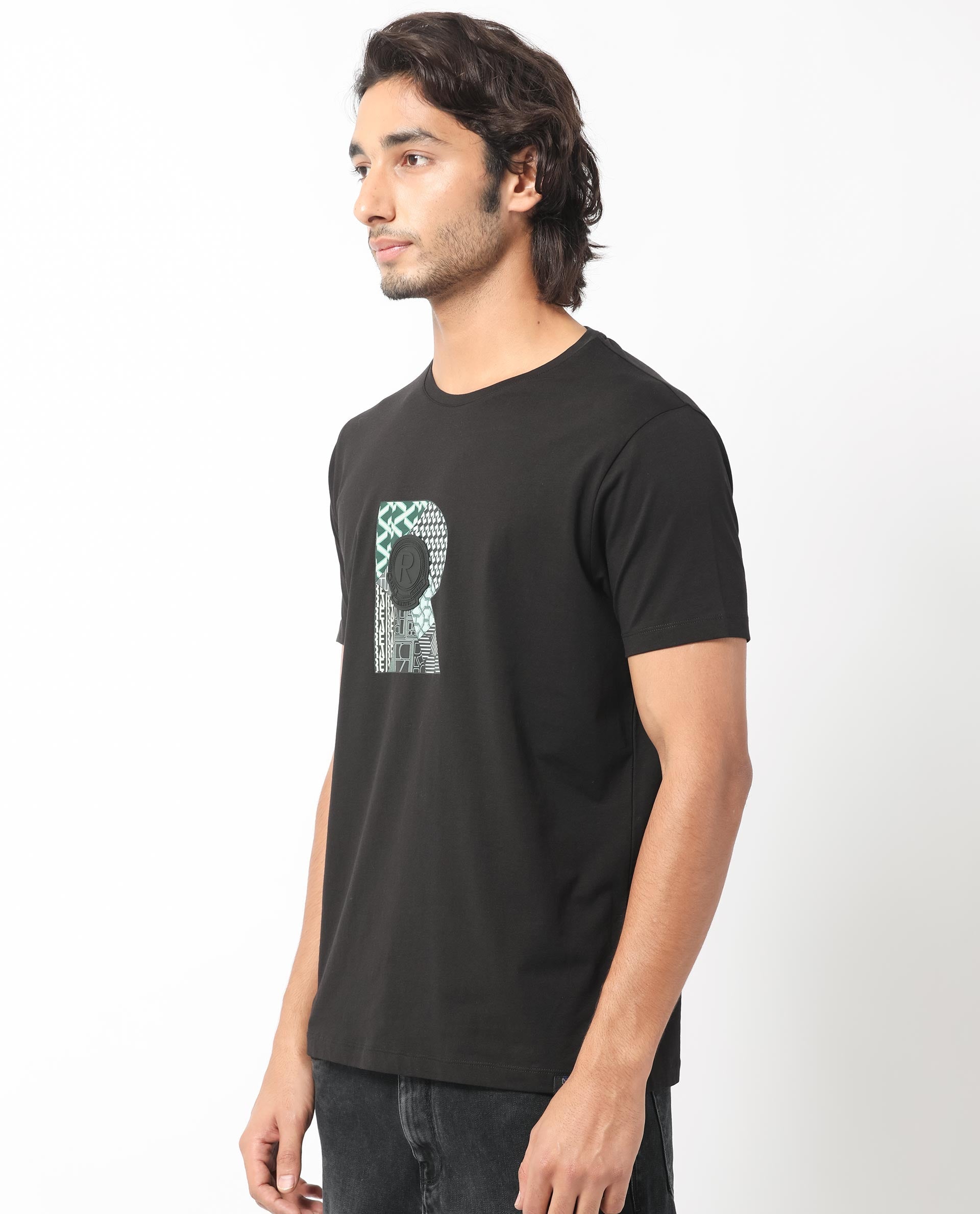 Rare Rabbit Men's Misor Black Crew Neck Half Sleeves Regular Fit Applique Rare Badge Graphic Print T-Shirt - view 5
