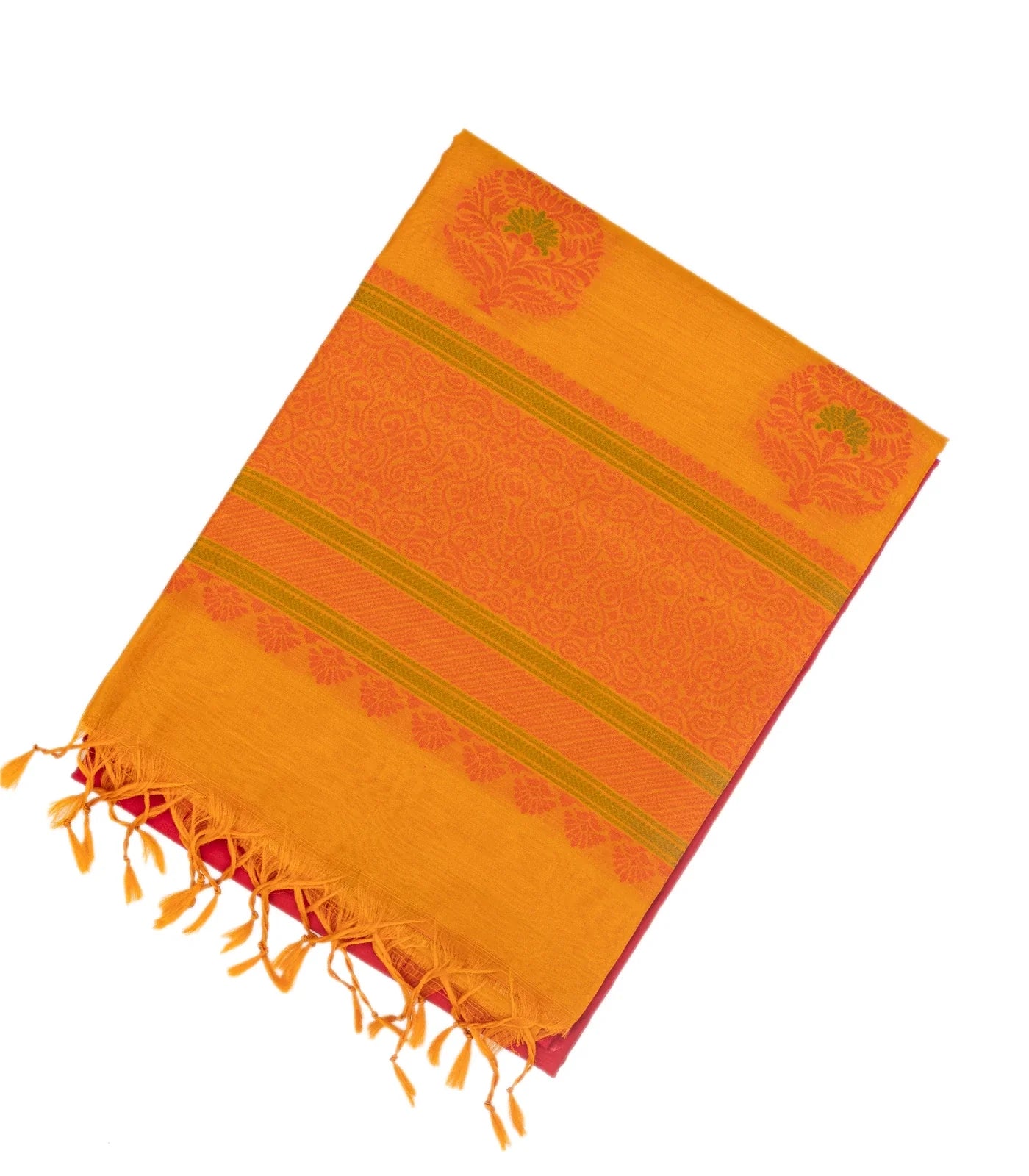 RmKV Hot Pink Handloom Kora Silk Cotton Saree With Mustard Pallu