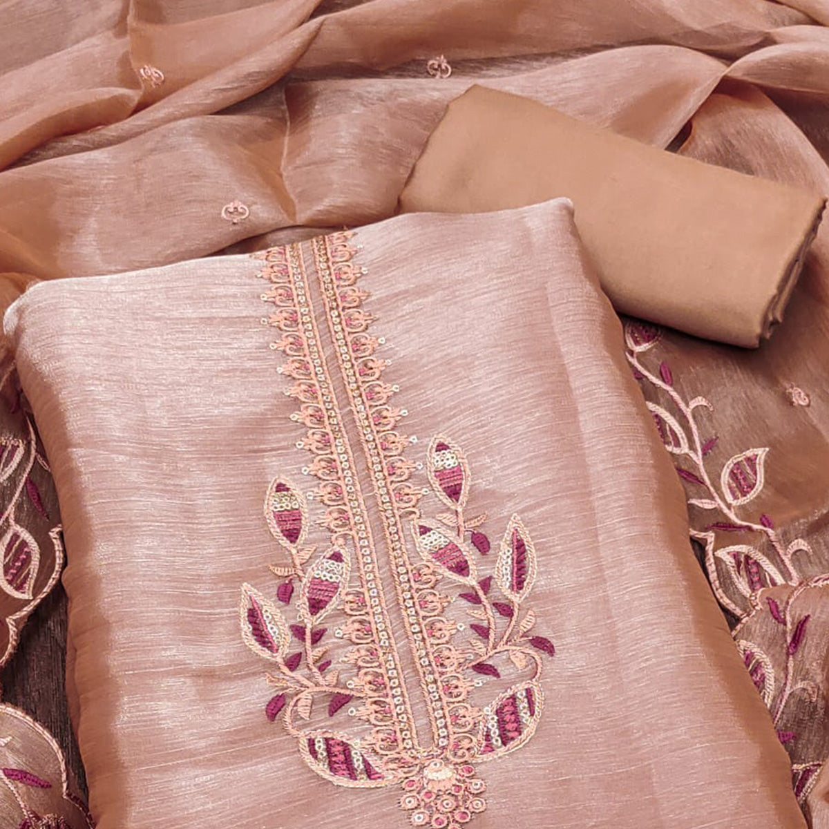 Peachmode Dusty Peach Floral Sequins Embroidered Burberry Zoya Silk Dress Material - view 2