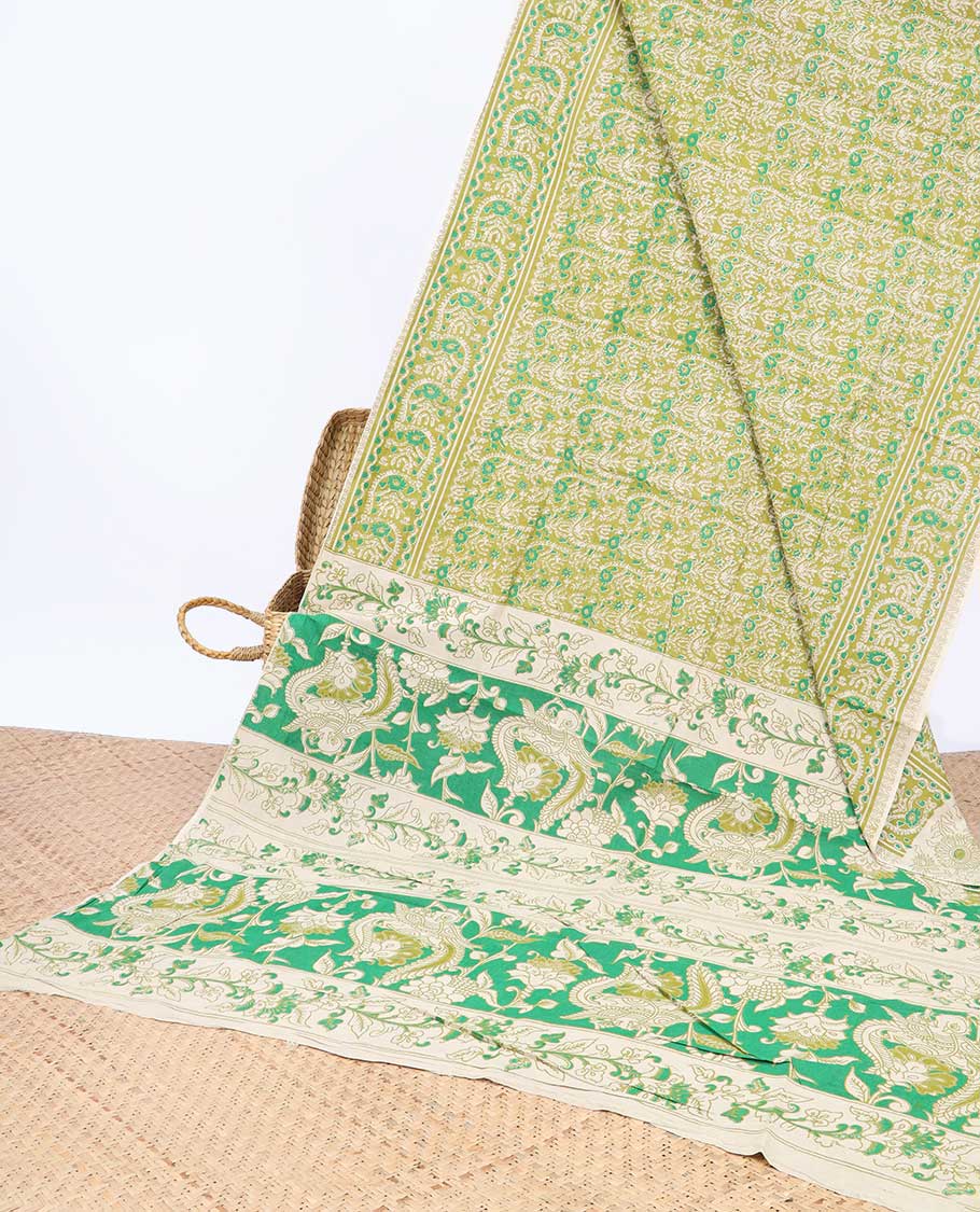 Pothys Green intricately machine-printed kalamkari cotton saree, self-border & contrast pallu of floral print