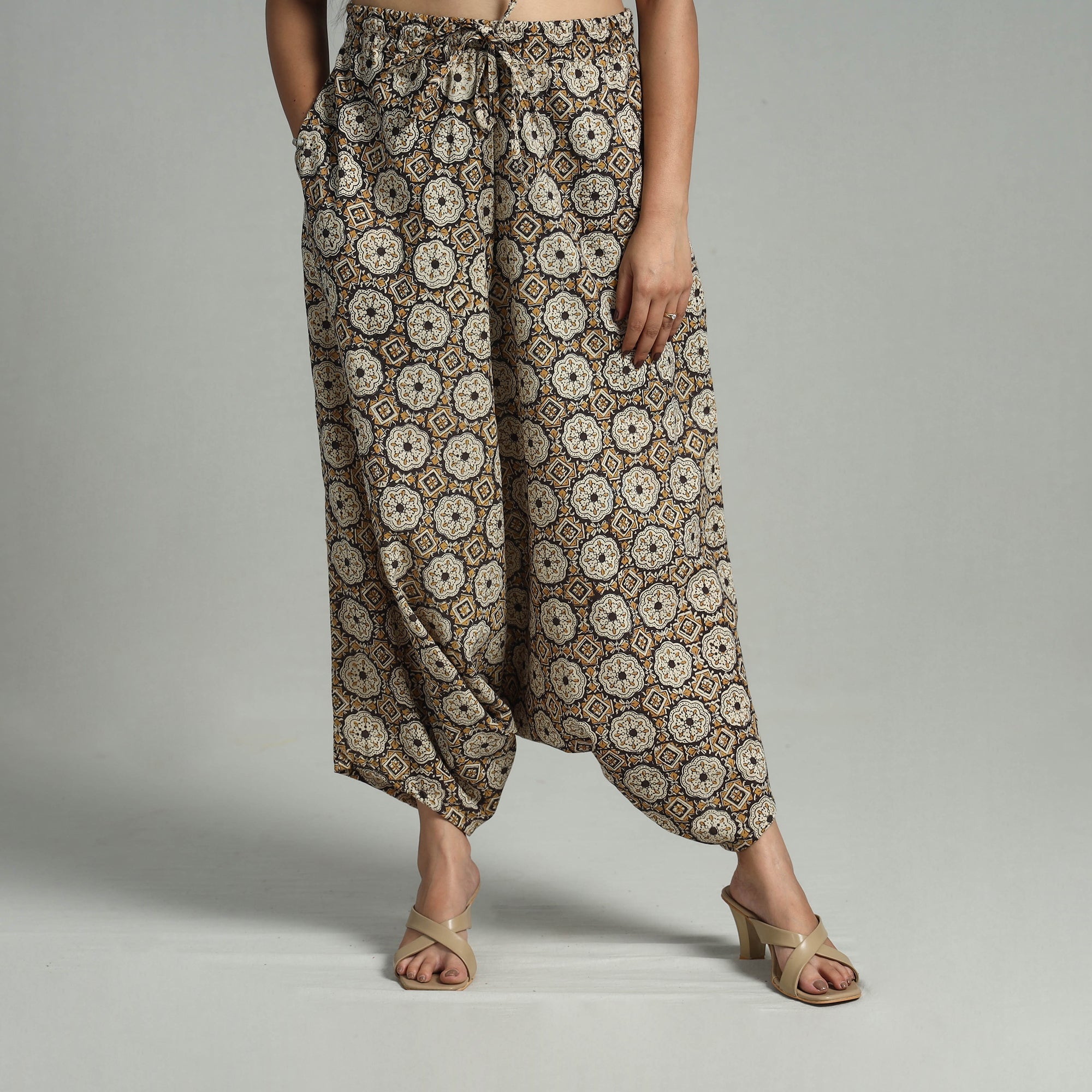 ITOKRI CASUALS Brown - Bagru Block Print Cotton Elasticated Harem Pant 13