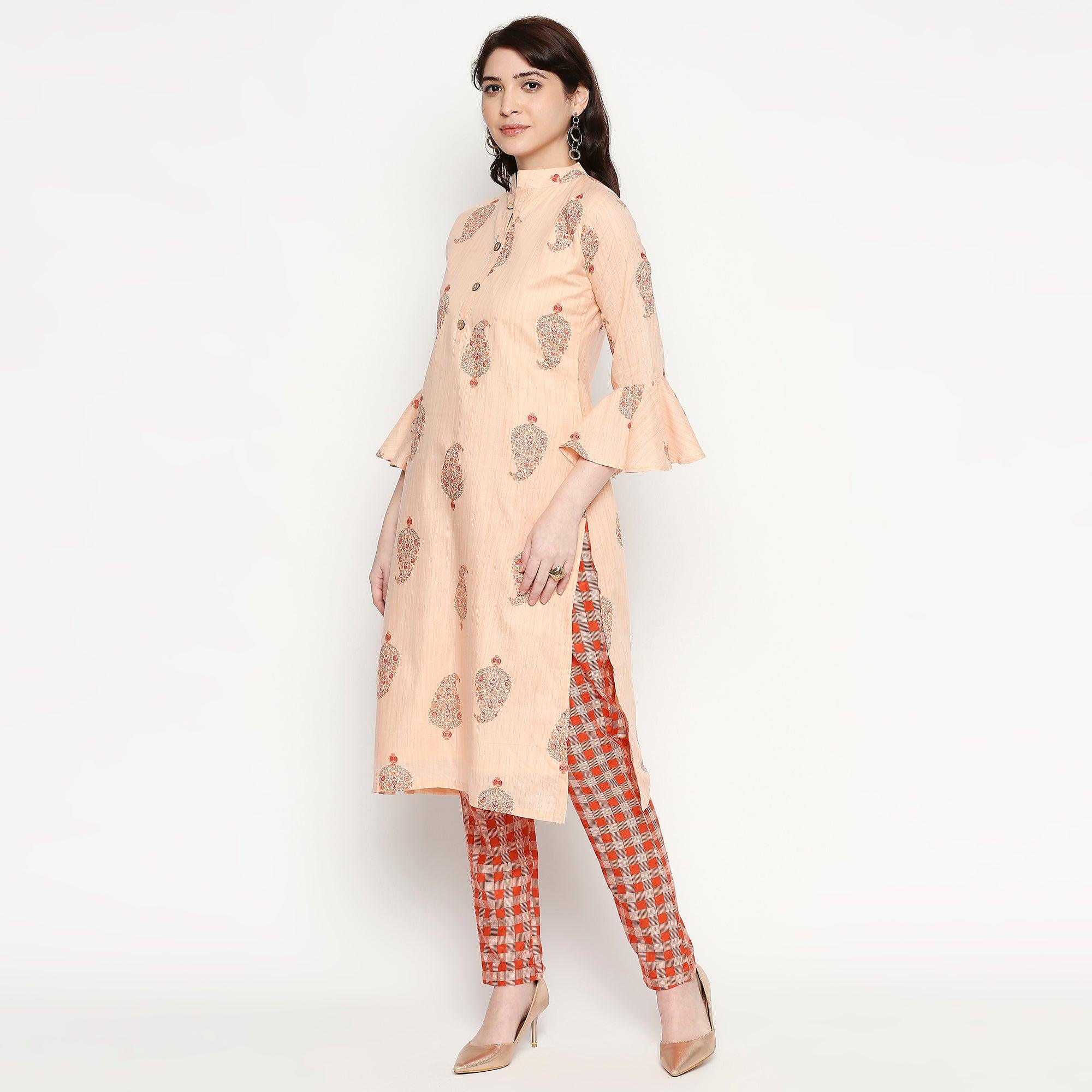 Peachmode Jazzy Peach Colored Casual Wear Printed Cotton Kurti-Pant Set - view 7