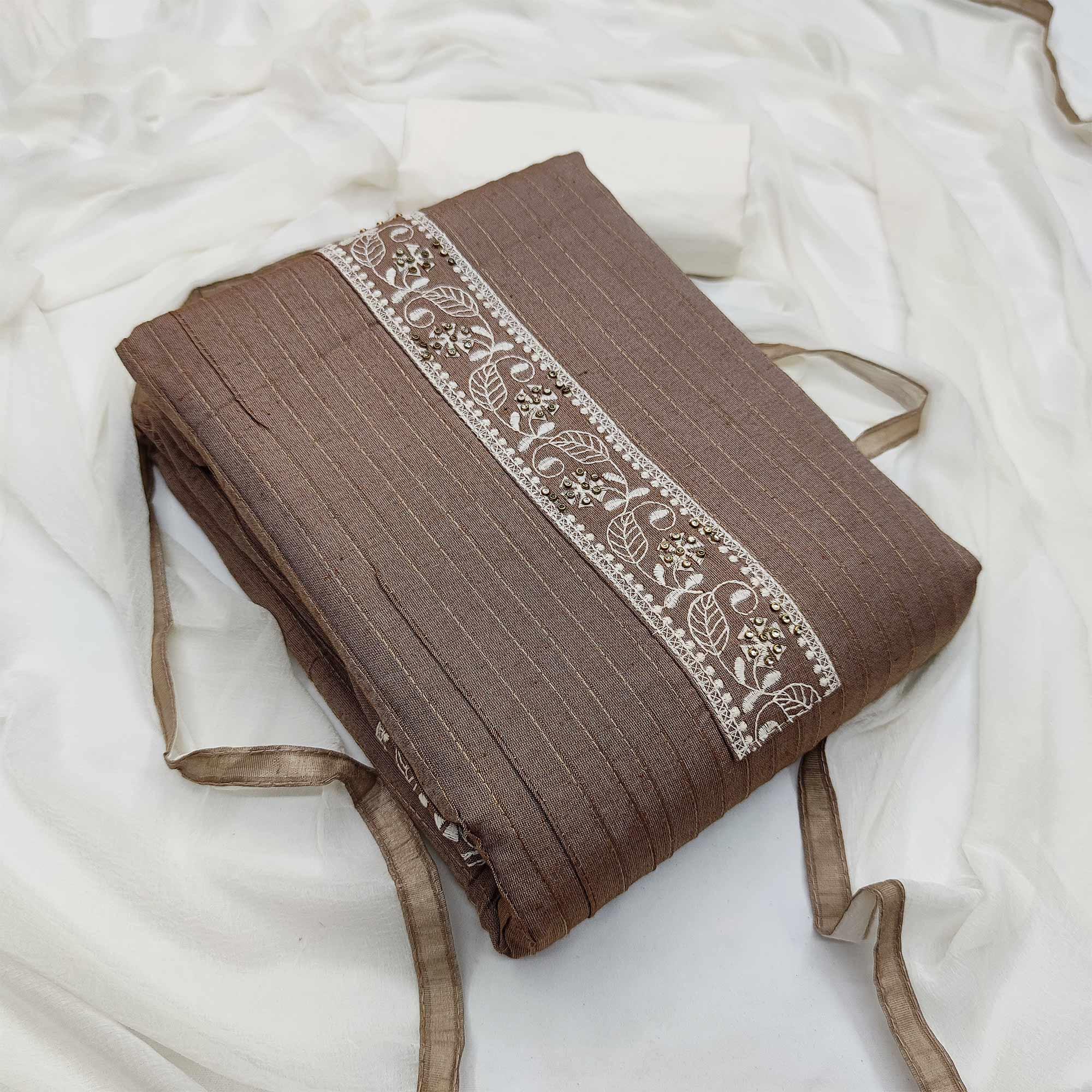 Peachmode Brown Casual Wear Floral Embroidery Cotton Dress Material