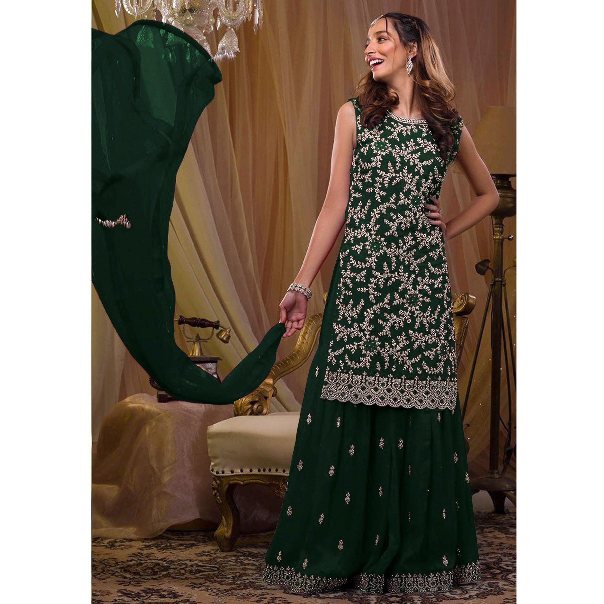 Peachmode Dark Green Floral Embroidered Georgette Semi Stitched Sharara Suit - view 3