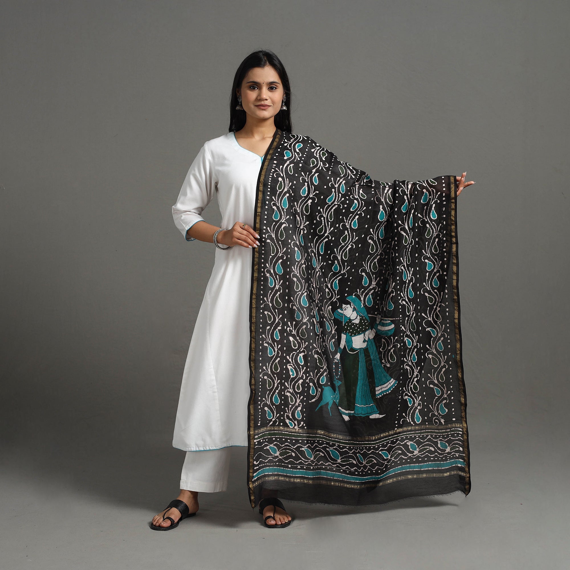 KACHCHH JI CHHAAP Black - Handloom Chanderi Silk Hand Batik Printed Dupatta 03 - view 2
