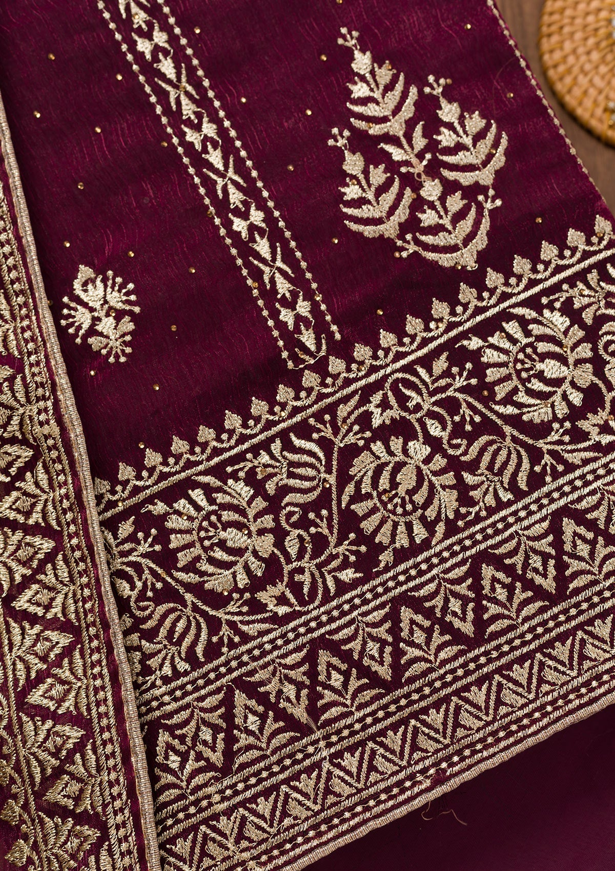 Koskii Wine Zariwork Semi Crepe Unstitched Salwar Suit - view 2