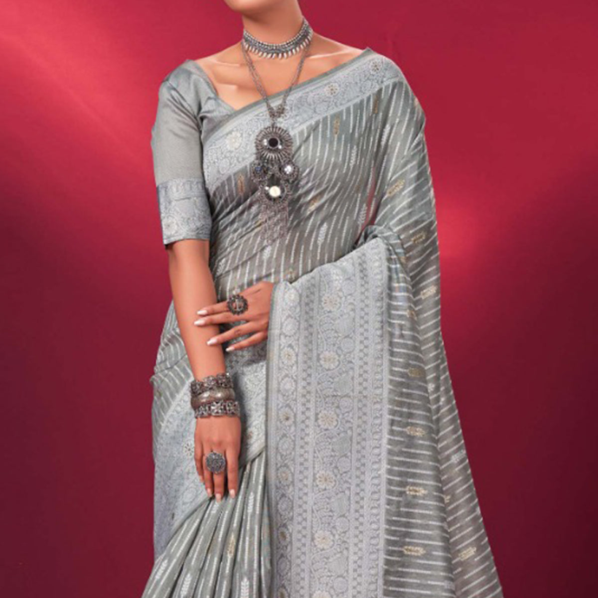 Peachmode Grey Woven Cotton Silk Saree With Tassels - view 2