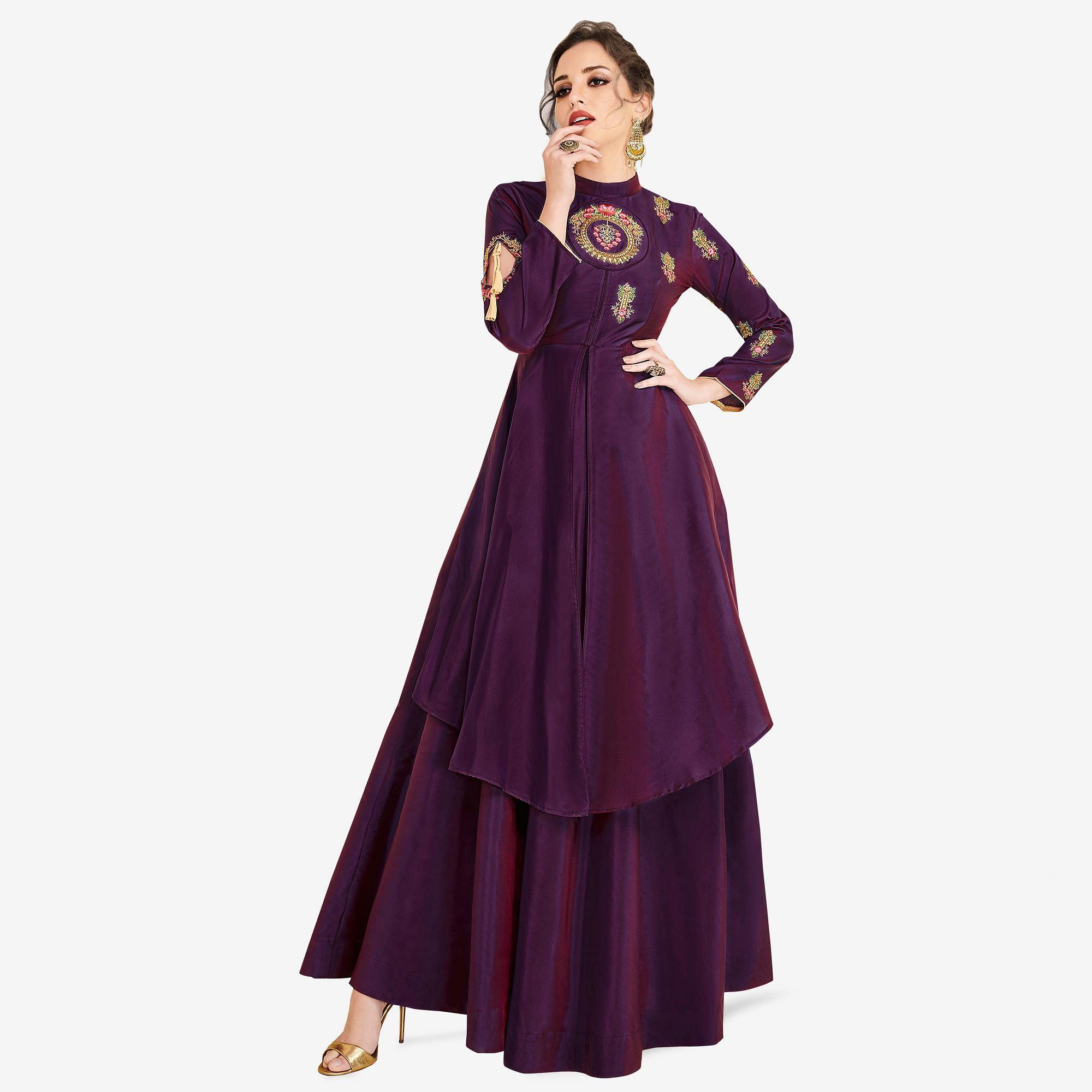 Peachmode Seller Dark Purple Embroidered Satin Gown