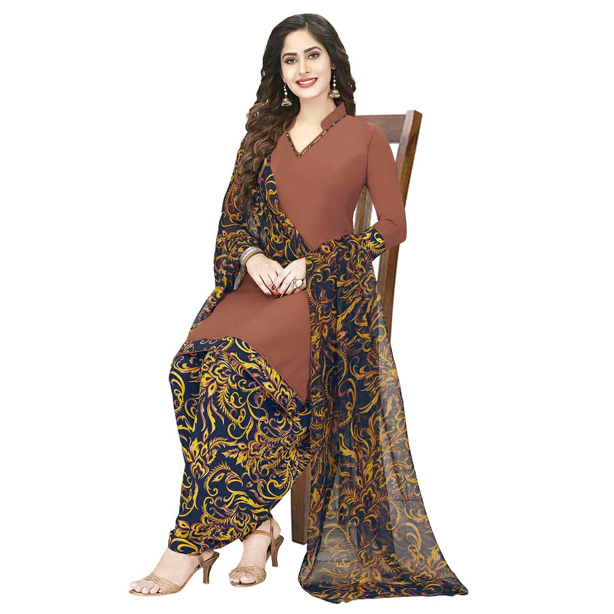 Peachmode Impressive Brown Colored Casual Wear Printed Crepe Patiala Dress Material