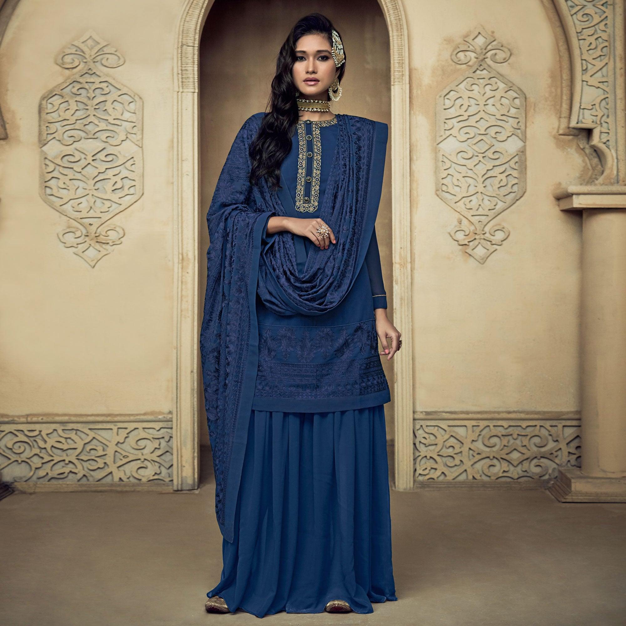 Peachmode Seller Dark Blue Partywear Embroidered Heavy Georgette Sharara Suit