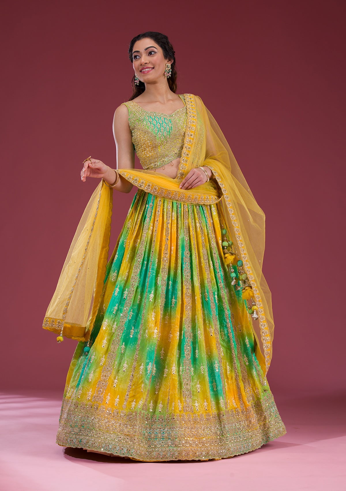 Koskii Yellow Zariwork Semi Crepe Readymade Lehenga