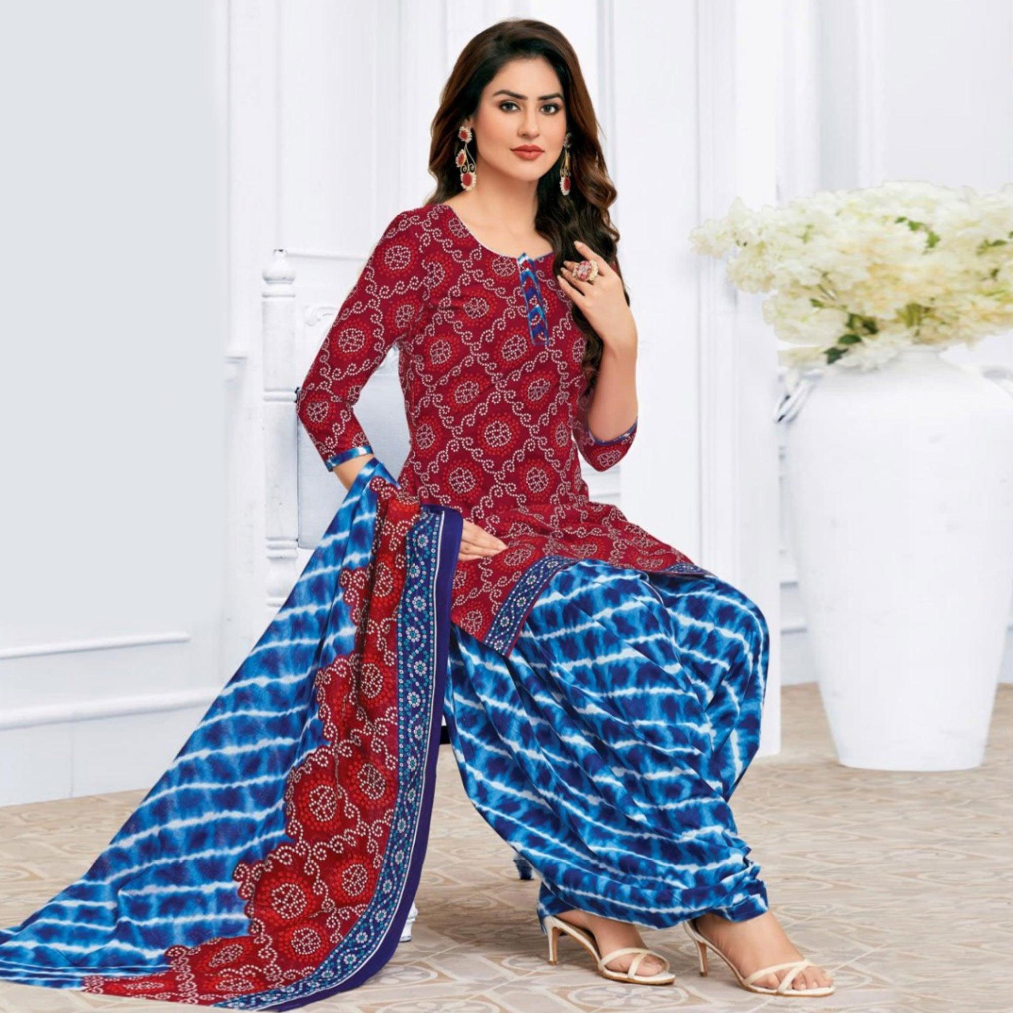 Peachmode Maroon Casual Wear Bandhani Batik Printed Cotton Patiala Dress Material