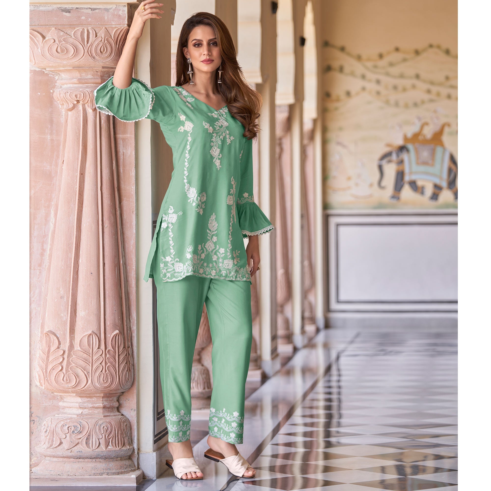 BlackTree green-floral-embroidered-rayon-co-ord-set - view 4